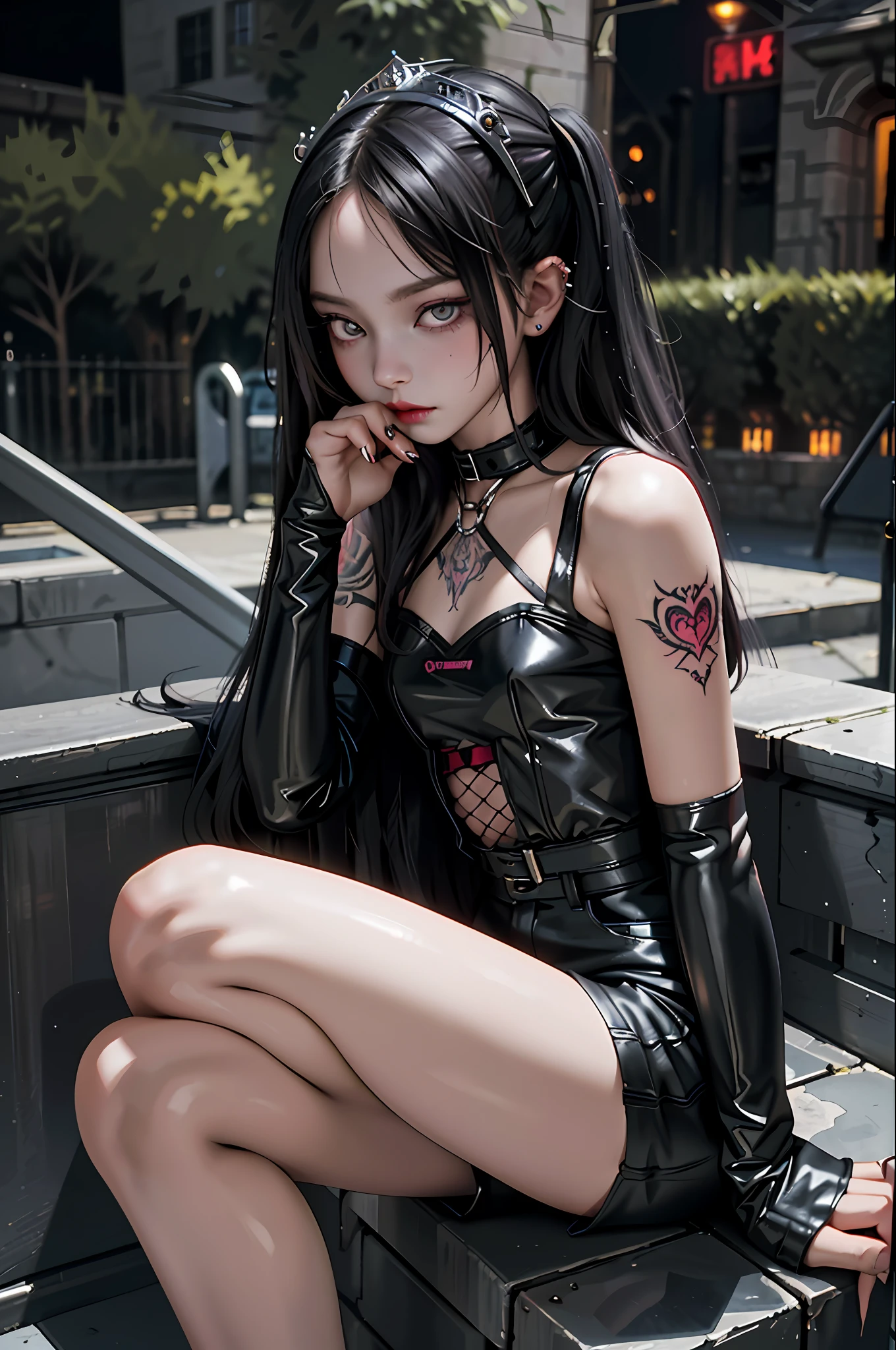 (best quality, masterpiece: 1.3), 1Elizabeth bathory, (emo girl, piercing: 1.3), fish net, latex shorts, sitting, tattoo, long hair, night, street,