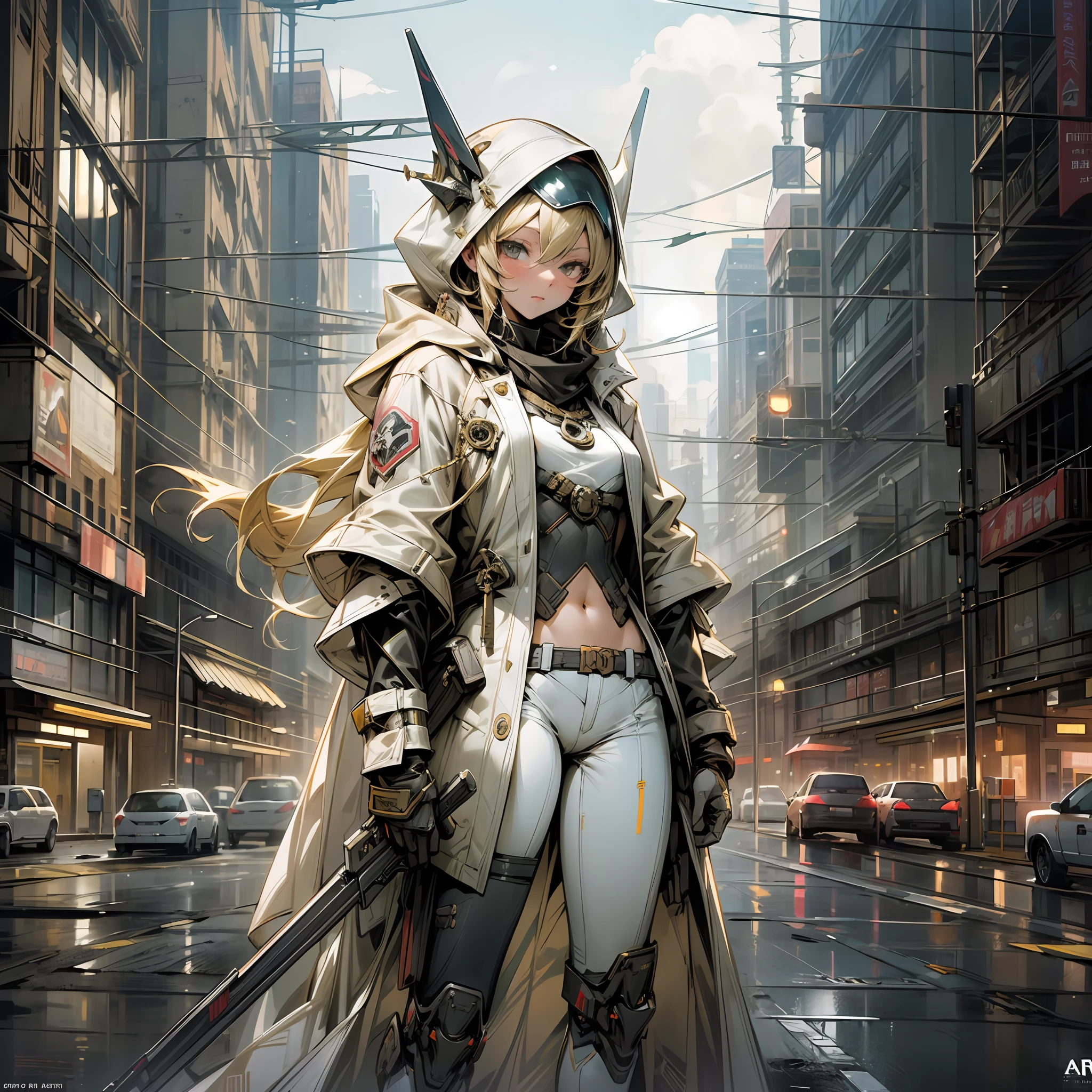 Silent dusk city background, single full body standing painting, simple protection, white translucent hooded trench coat, crop navel, hot pants, leg decoration, windproof goggles, bright blonde eyes, blonde hair, gun master, horse girl, heroic royal sister, kind and friendly big sister next door, reliable mature woman, trustworthy comrades-in-arms, ark of tomorrow, best quality, high resolution, best quality, high quality, detailed key anime art, best anime, 8k --auto --s2