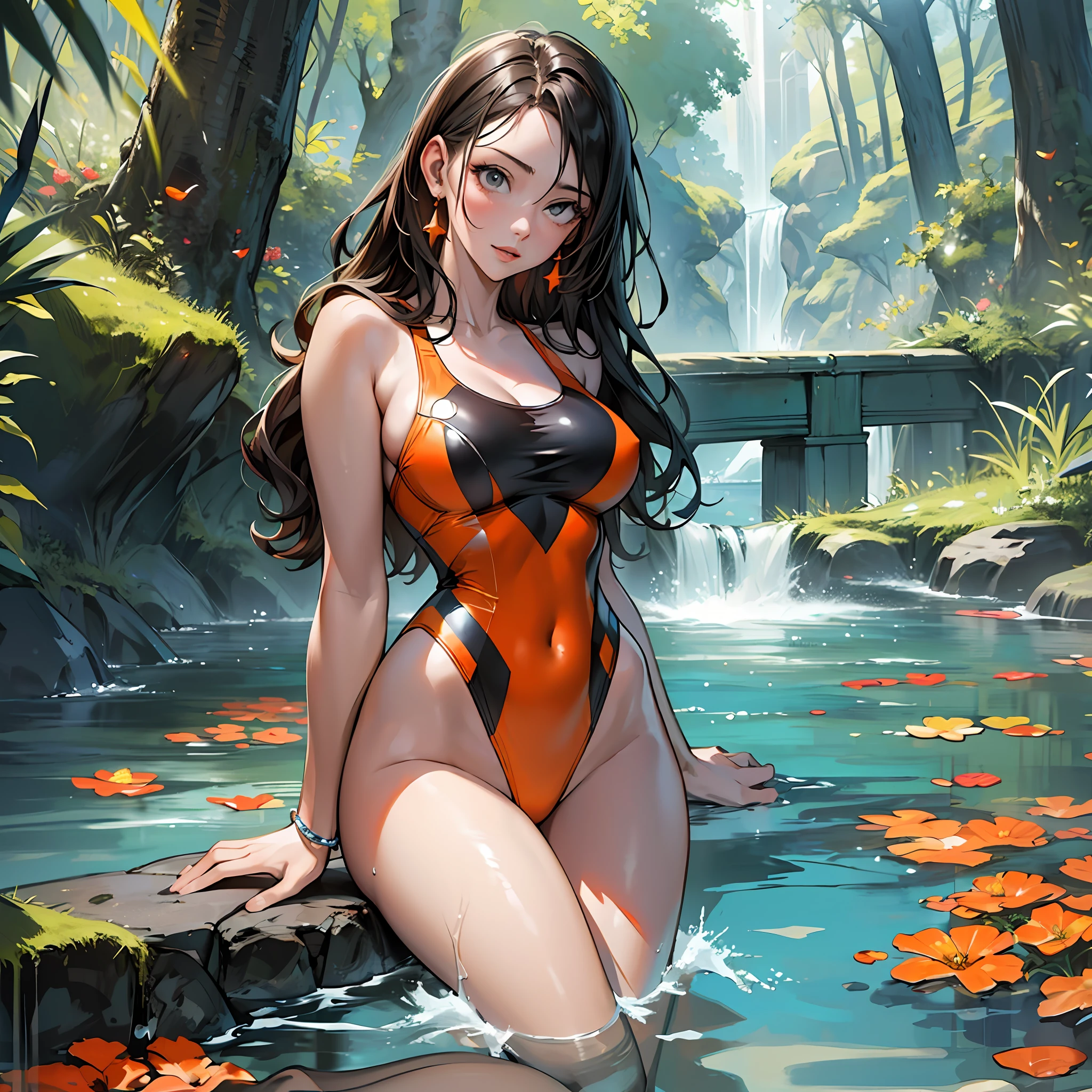 (8k), (best quality), (masterpiece: 1.2), (realistic), (photorealistic: 1.37), super detailed, one girl, viewer is watching, full body, 25 years old, orange one piece swimsuit