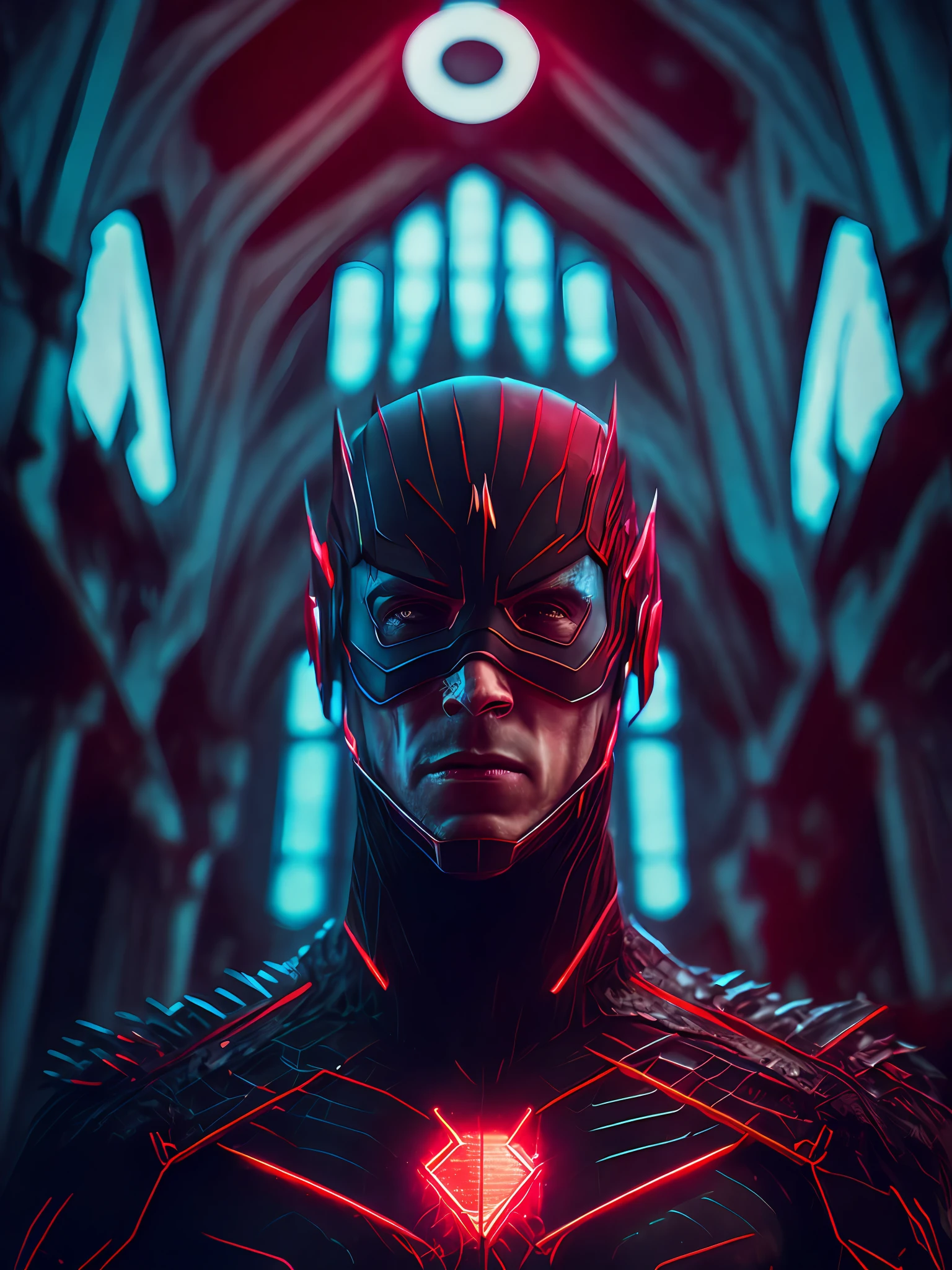 Grim portrait of DC's Bloody The-Flash with intricate angular cybernetic implants inside a brutalist building, gothic brutalist cathedral, cyberpunk, award-winning photo, bokeh, neon lights, cybernetic limb