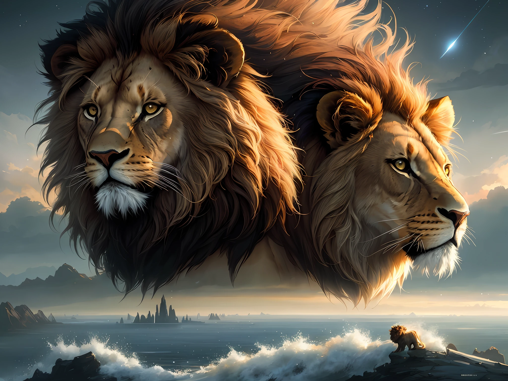 (Very detailed 8k CG unit wallpapers), panoramas of the most beautiful works of art from outer space with a lion, sci-fi spacescapes with a lion on the horizon, planets, Ed Blinkey, Atey Ghailan, professional majestic paintings from Studio Ghibli, Jeremy Mann, Greg Manchess, Antonio Moro, Trending on ArtStation, trend at CGSociety, intricate,  High detail, sharp focus, dramatic, photorealistic painting art by Midjourney and Greg Rutkowski
