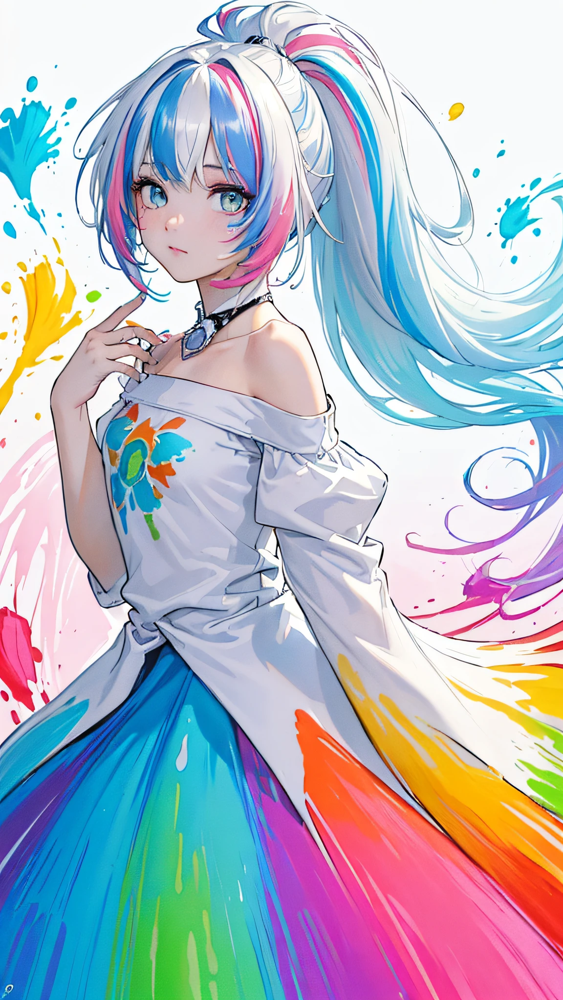 (Pink Fashion T-shirt:1.9),(Colorful hair: 1.8), (all the colours of the rainbow: 1.8),(((((vertical painting:1.6))), (painting:1.6),front, comics, illustrations, paintings, large eyes, crystal clear eyes,( rainbow color gradient high ponytail:1.7), exquisite makeup, closed mouth,(Small Fresh: 1.5),(Wipe Chest: 1.6) ,long eyelashes, white off shoulder T-shirt, White Shoulder Shirt,looking at the audience, large watery eyes, (rainbow colored hair:1.6), color splash, (solo:1.8), color splash, color explosion, thick paint style, messy lines, ((shining)),(colorful), (colorful), (colorful), colorful, Thick Paint Style, (Splash) (Color Splash), Vertical Painting, Upper Body, Paint Splash, Acrylic Pigment, Gradient, Paint, Highest Image Quality, Highest Quality, Masterpiece, Solo, Depth of Field, Face Paint, colorful clothes, (Elegant: 1.2), gorgeous,long hair, wind, (Elegant: 1.3), (Petals: 1.4),(((masterpiece))),(((best quality))),((ultra-detailed)),(illustration),(dynamic angle),((floating)),(paint),((disheveled hair)),(solo),(1girl) , (((detailed anima face))),((beautiful detailed face)),collar,bare shoulders,white hair, ((colorful hair)),((streaked hair)),beautiful detailed eyes,(Gradient color eyes),(((colorful eyes))),(((colorful background))),(((high saturation))),(((surrounded by colorful splashes))),