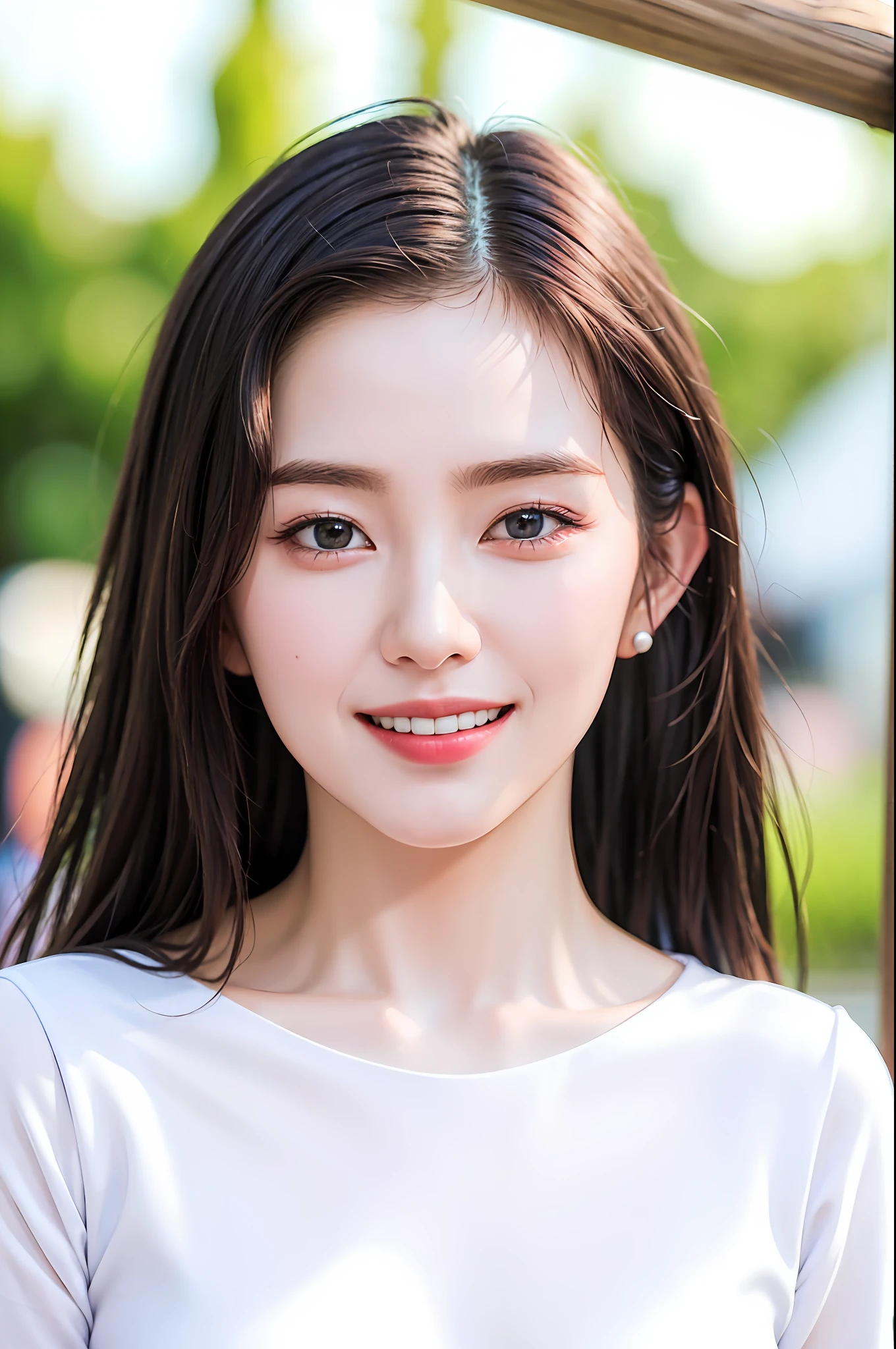 extremely detailed eyes, extremely detailed face, best quality ,masterpiece, extremely detailed, ultra-detailed, (realistic, photo-realistic:1.3), smile, (facing front), looking at viewer, white shirt, sunny day, outdoor, 1girl upperbody