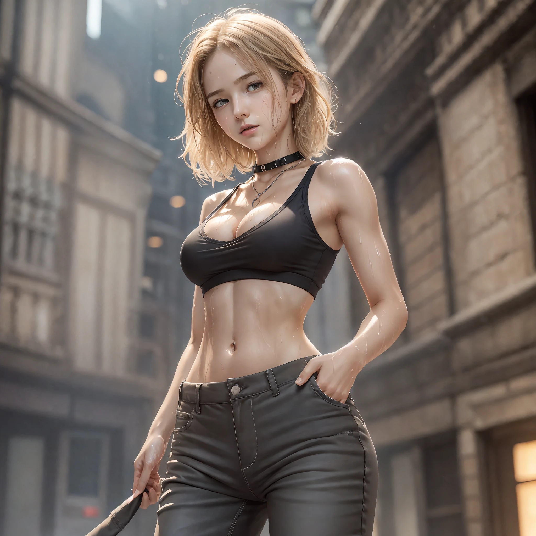 Bewitching, ((mid-breasted, tomboyish, head is small)), sunlight, (chiseled abs: 1.1), (perfect body: 1.1), (short wavy hair: 1.2), blonde, collar, chain, full body shot, crowded street, black tank top, (belly shorts)), ((take off pants)), (very detailed CG 8k wallpaper), (very delicate and beautiful), (masterpiece), (best quality:1.0), (Ultra High Definition: 1.0), Beautiful Lighting, Perfect Lightning, Realistic Shadows, [High Definition], Detailed Skin, Ultra Detailed, ((((Navel)))), (Cleavage))), (Sweaty))))), (Girl is wet))))