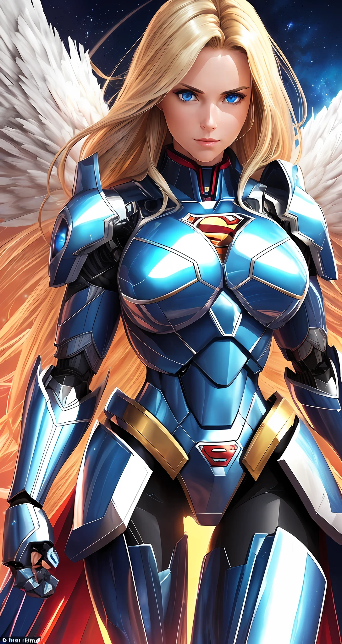 Beautiful Supergirl, 4K, High Resolution, Masterpiece, Best Quality, Clear Focus, (Movie Lighting), Clavicle, [:( Facial details: 1.2:0.2], (Mecha Woman, Invincible Mecha), Broken Armor Shock, Long White Hair, Robotic Arm, Ceramic Exoskeleton, (Bird-like Wings: 1.4, Mechanical Wings: 1.5, Eagle Wings: 1.4), Heavy Armor, Slightly convex chest, (Gorgeous Universe, Planet Background), Extreme Cosmic Storm Style, Translucent and Reflective Skin, The world's best image quality of ultra-8K, unlimited freedom to display the dynamic posture of the mecha,   exquisite facial features, surreal feel, (realism: 1.5). Blue eyes, long-haired blonde, wearing Superman's S on her chest. --auto --s2