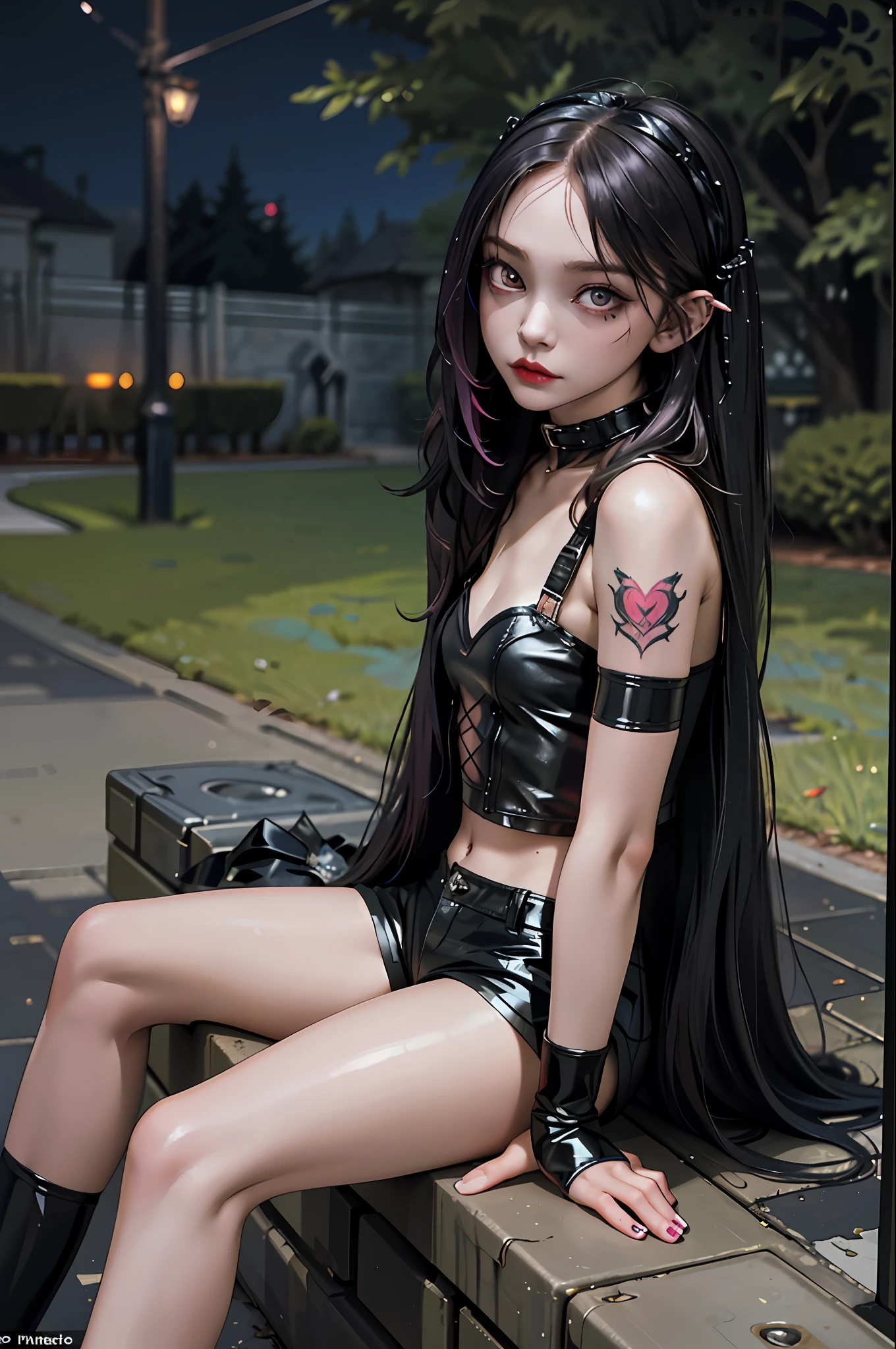 (best quality, masterpiece: 1.3), 1Elizabeth bathory, (emo girl, piercing: 1.3), fish net, latex shorts, sitting, tattoo, long hair, night, street,
