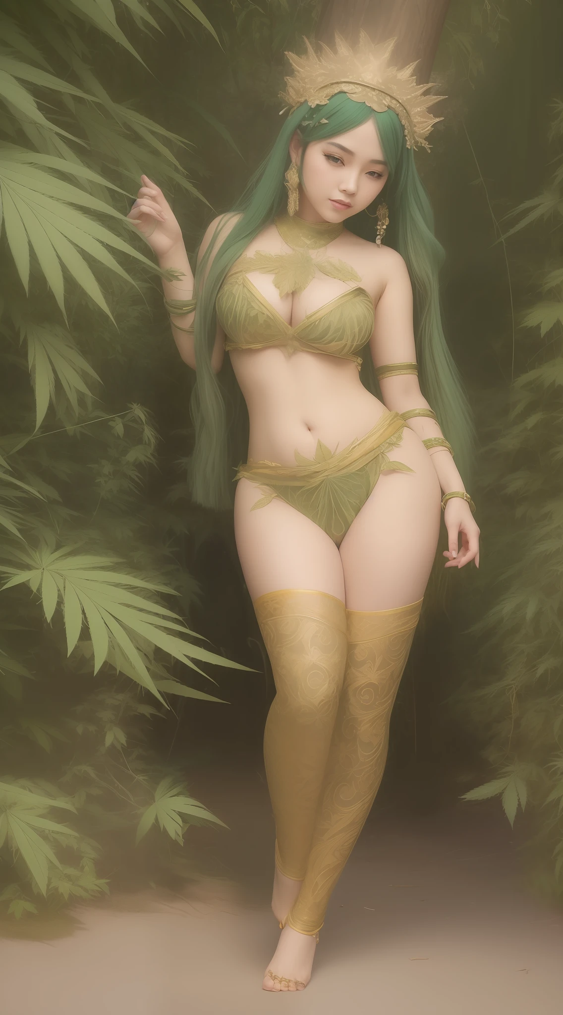 CG art of a beautiful Sundanese girl, 1girl, (marijuana goddess:1.2), (marijuana princess:1.2), (marijuana leaf crown:1.2), cute girl, (voluptuous body type) , exotic, (full body shot), Sam Yang art, Sundanese culture, 
glamor pose, smirk, eyebrow up, 
pastel color, calm tones, 58 mm,
detailed Marijuana West Java garden background,
(paint by SamDoesArts:1.3)