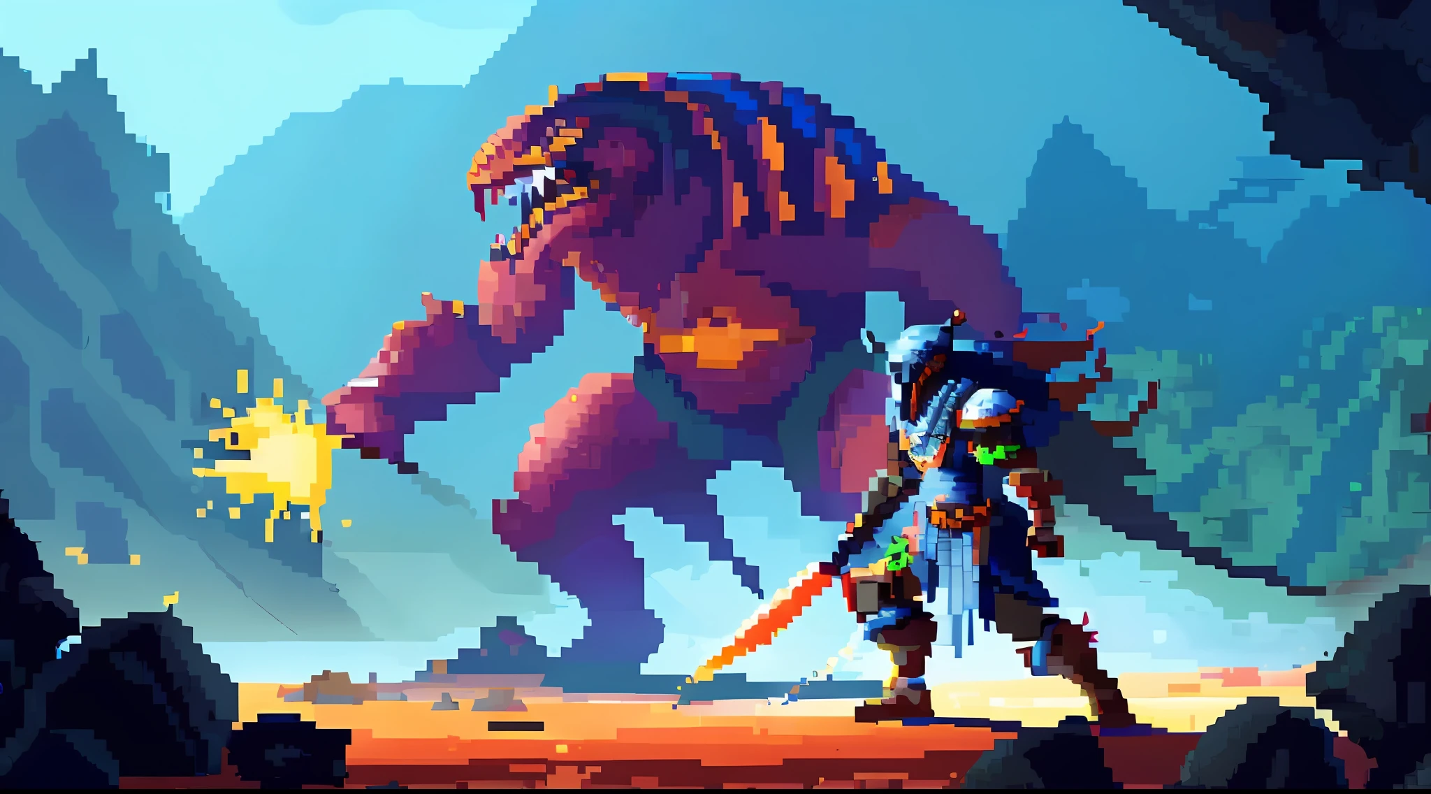 Pixel Art, game scene, a warrior in armor and a monster in a fierce battle. 16bitscene, oil painting style, majestic and powerful brushstrokes, the brave expression of the warrior and the hideous and terrifying form of the monster are glued together, the picture is full of tension and shock.