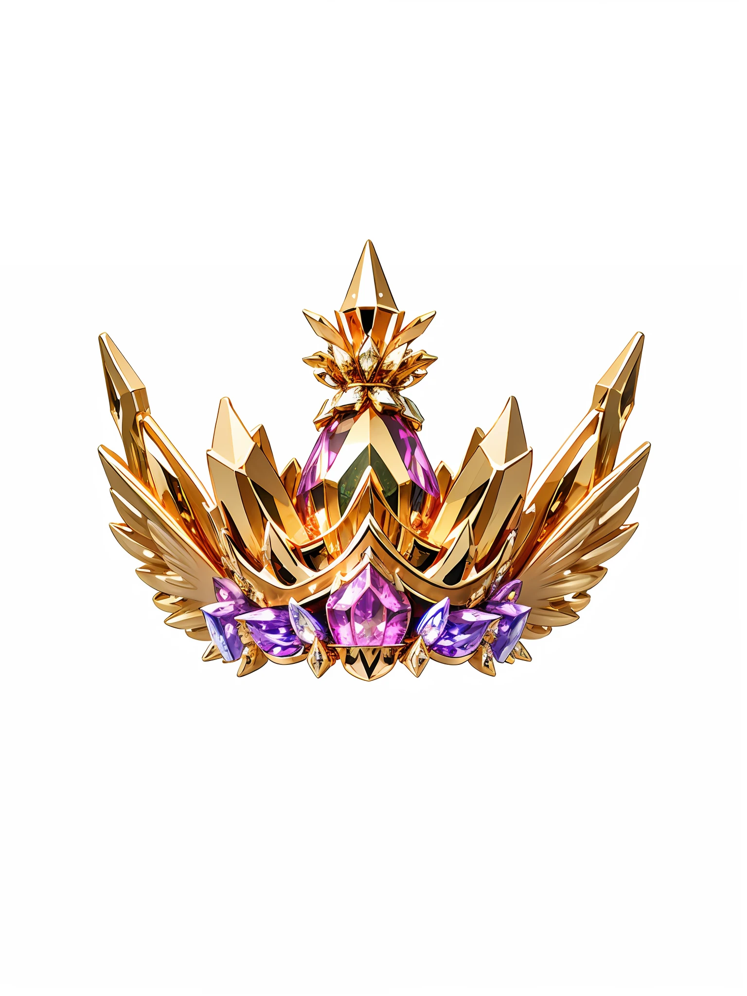 8k,(crown closeup),(((over))),With a gothic crown on white background, set with diamonds, Gothic metal decoration, (((wings))), ((elven crown)))), ((((game crown)))), ((golden ring)), ((left and right symmetrical crown)), (sharp crown))), (((baroque))), gorgeous, colorful, complex metal decoration, ultra-realistic fantasy crown, white laser crown, golden wing crown, floating crown, (ray tracing), ((clean background)), crown, crown, giant gold crown, gemstone tiara, metal crown --auto --s2