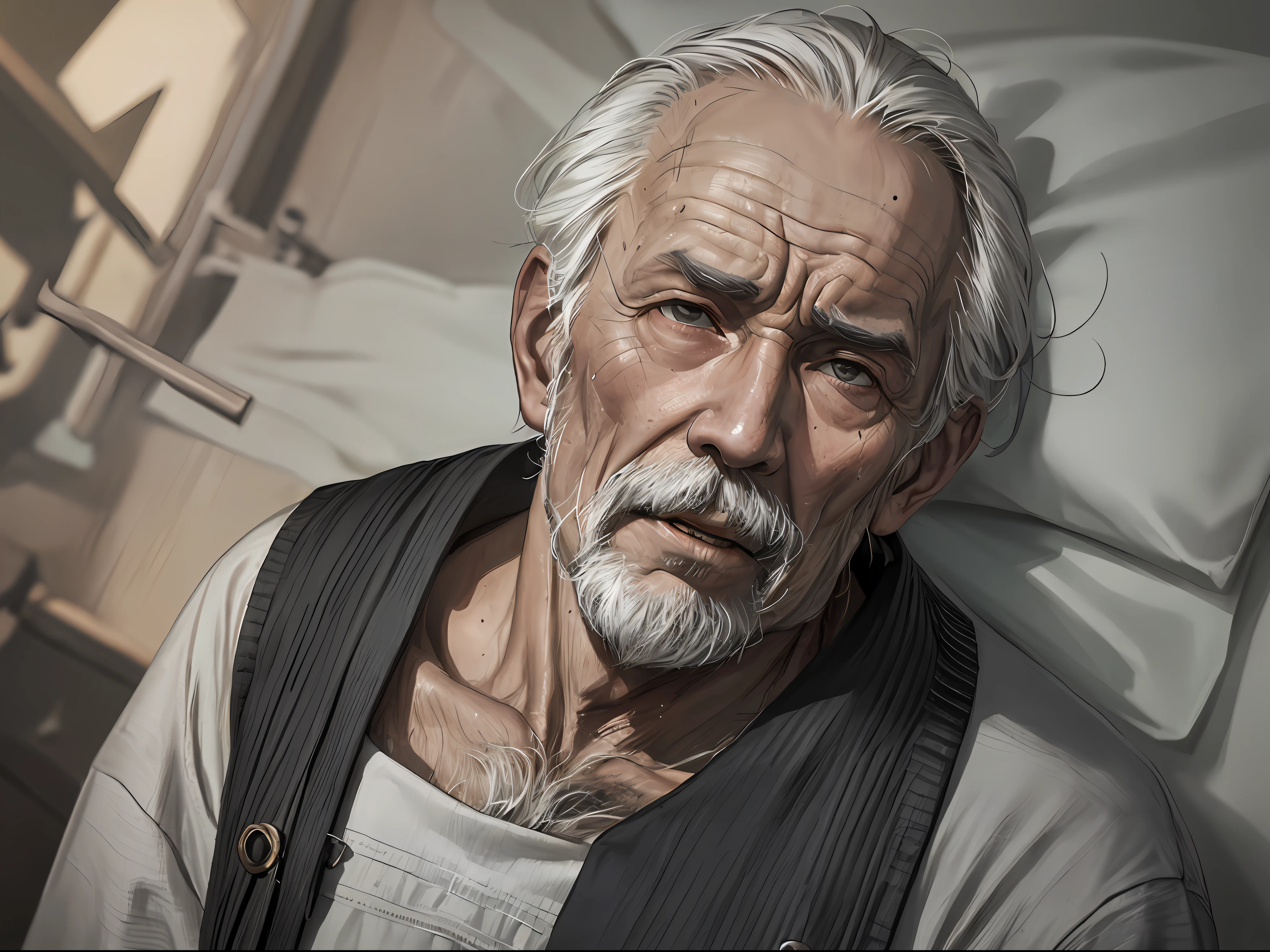 1 old man,, whole body, skinny, sick, weak, lying in bed, painful, struggling, shabby, ((ultra-realistic details)), Chinese Republic of China style, panorama, global illumination, clear facial features, short black hair, shabby clothes, sloppy, 8k, a pair of bright eyes