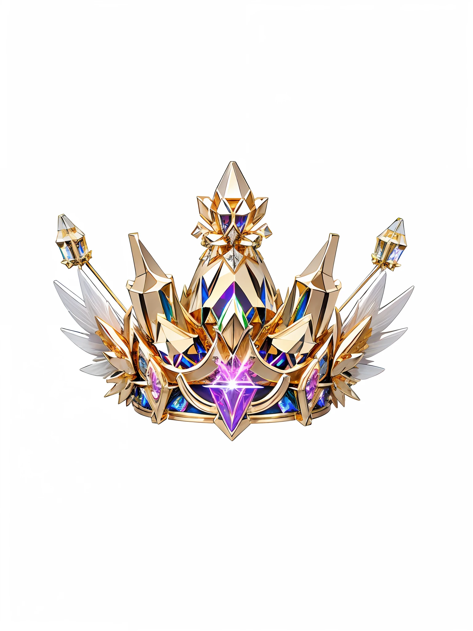 8k, (crown close-up), (((looking up))), with a gothic crown on white background, set with diamonds, gothic metal decoration, (((gold wings!! ))),(((((Elven Crown)))),(Game Crown)))),((Gold Crown)),((Left and Right Symmetrical Crown)),(((Streamlined Crown)))),(((Slender Crown))), Gorgeous, Colorful, Rich in Color, Intricate Metal Decoration, Ultra-realistic Fantasy Crown, White Laser Crown, Gold Wing Crown, Floating Crown, (Ray Tracing), ((Clean Background)), Crown, Crown, Giant Gold Crown, Gemstone Headdress, Metal Crown --auto --s2