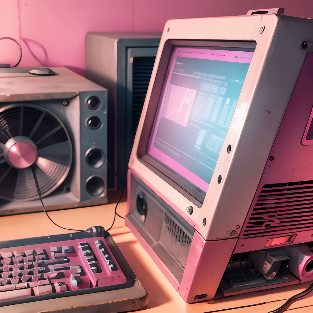 old 1950s computer on a pink background, retro futurism