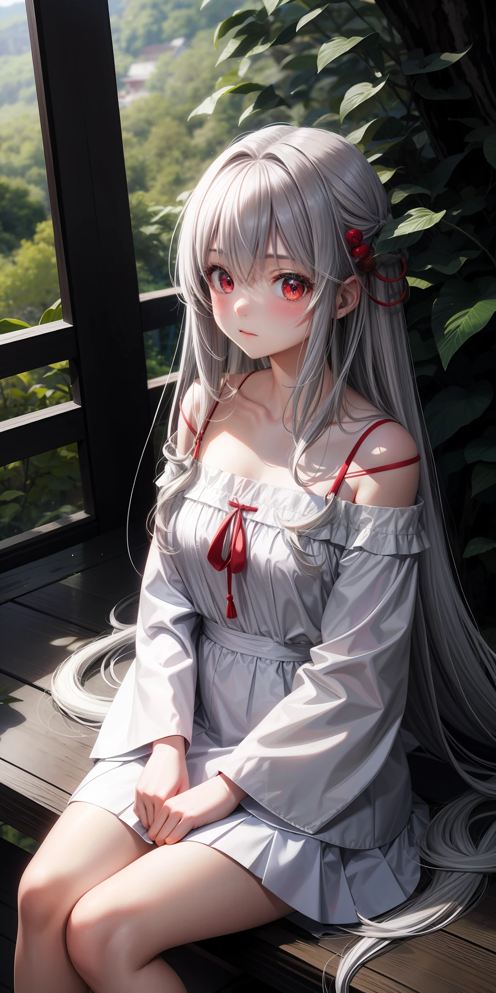 anime, girl alone, gray hair, long hair, red eyes, upper eyes, blush, japanese room, sitting, white dress, off-shoulder, in the woods,