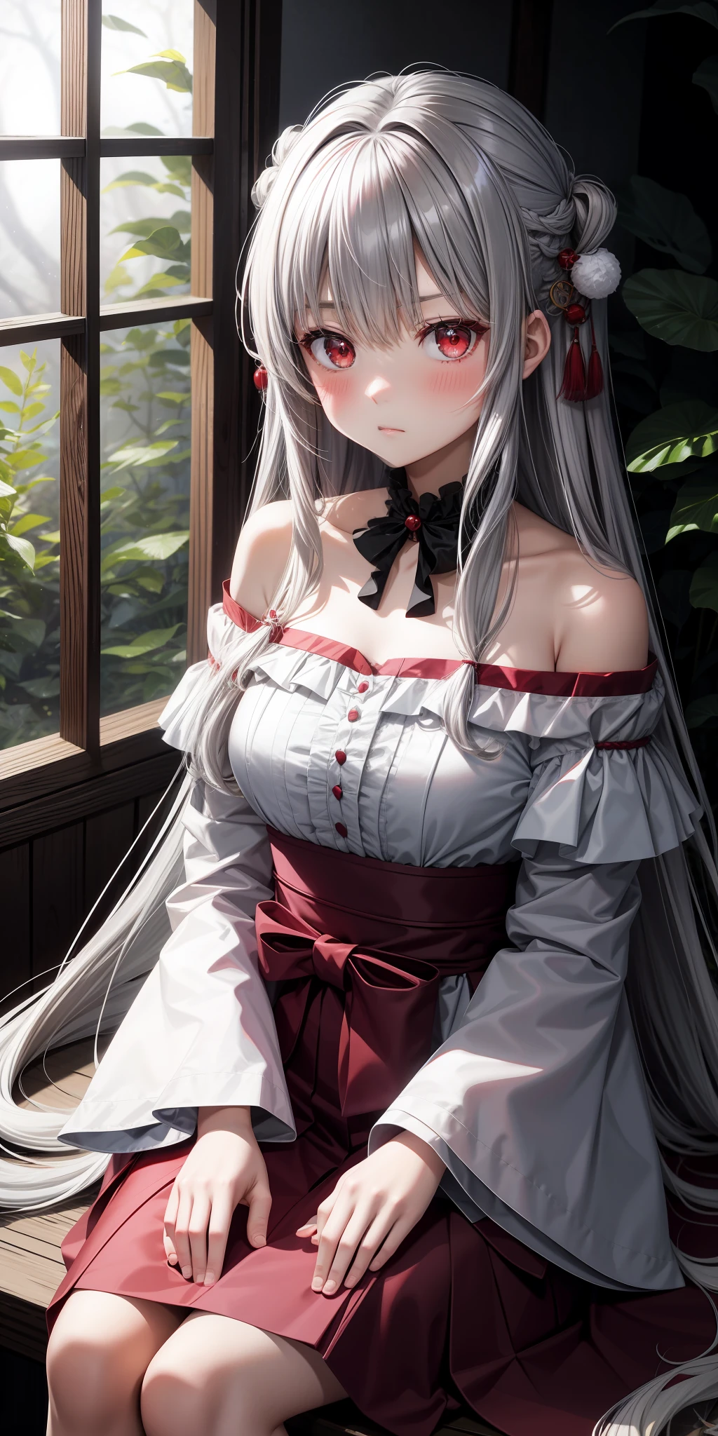 anime, girl alone, gray hair, long hair, red eyes, upper eyes, blush, japanese room, sitting, white dress, off-shoulder, in the woods,