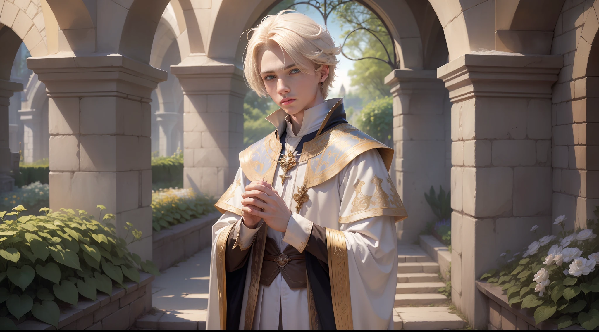 A 20-year-old wizard, blond, short, straight hair, with a small white owl on his shoulder, owl (((high quality)), masterpiece, perfect anatomy, priest's clothes, luxury, medieval, ((perfect hands)), (boy 1:33, soil), flowering garden, beautiful garden, UHD, 8k