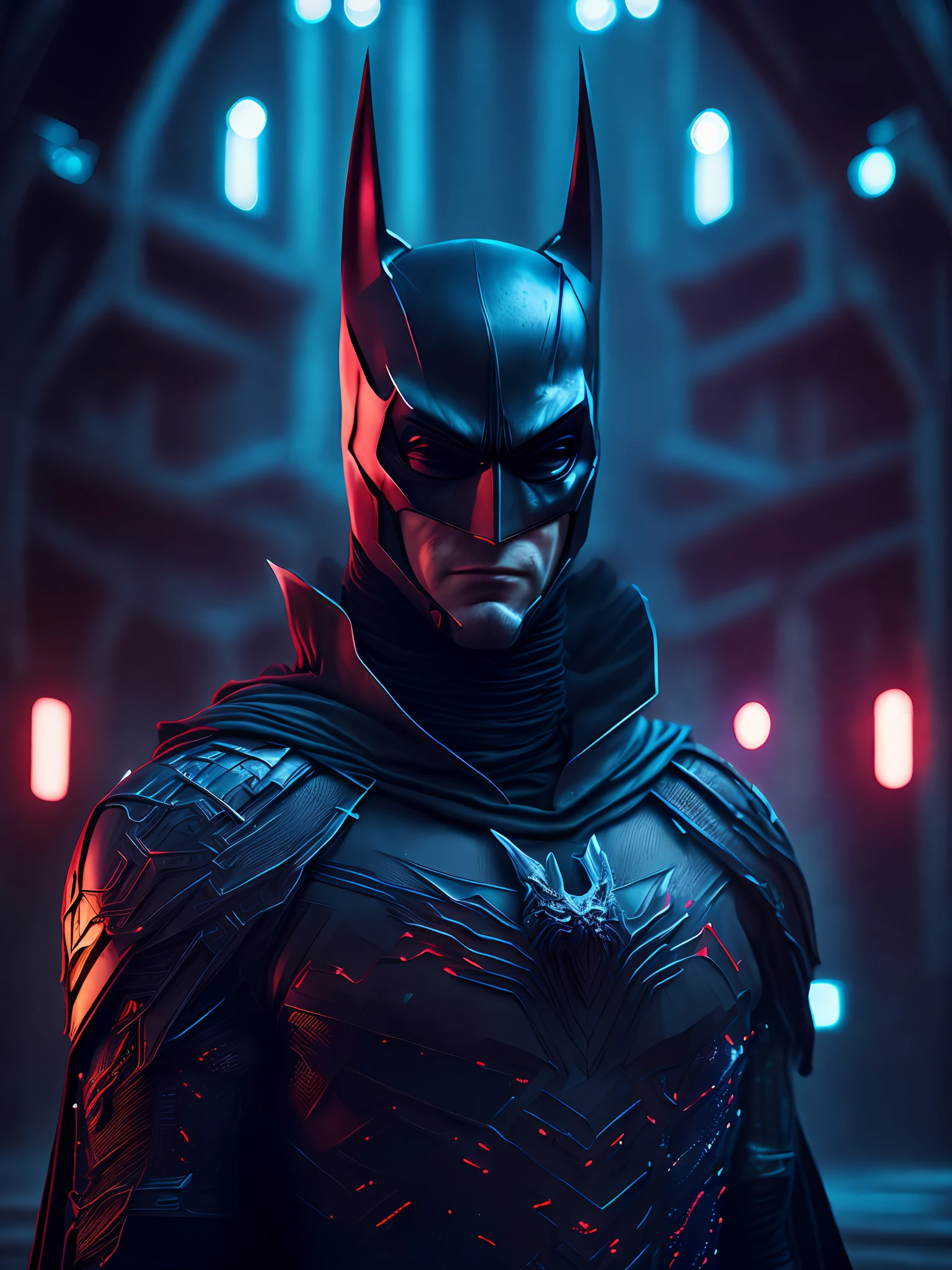 Dark portrait of Marvel's Bloody Batman with intricate angular cybernetic implants inside a brutalist building, gothic brutalist cathedral, cyberpunk, award-winning photo, bokeh, neon lights, cybernetic limb