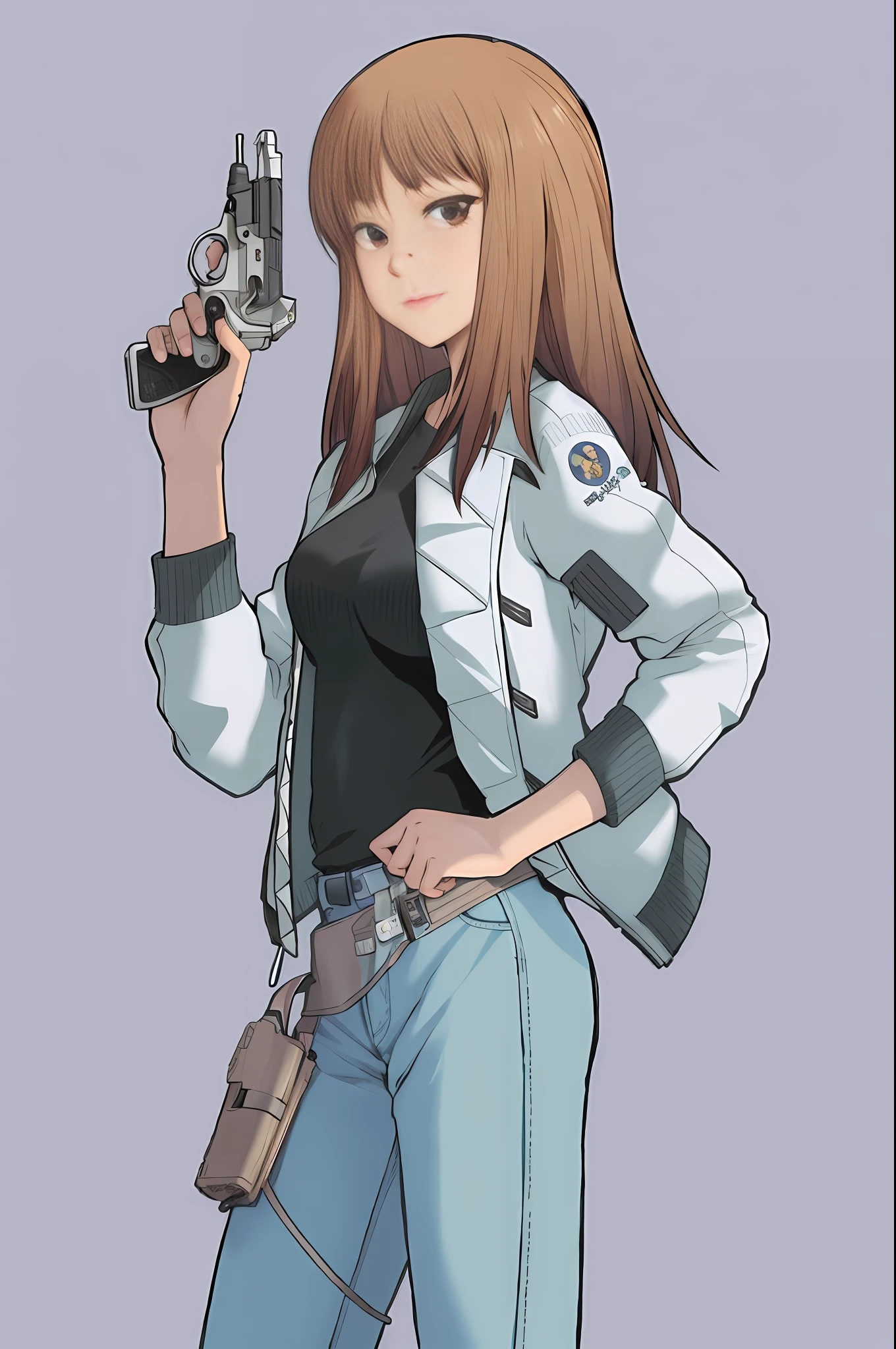 This is the character (Kiriko Takehaya) from the anime Tengoku Daimakyou, I want you to make a version of her using tactical military clothes and she will be right there holding this futuristic "pistol" she will be holding a Glock 18