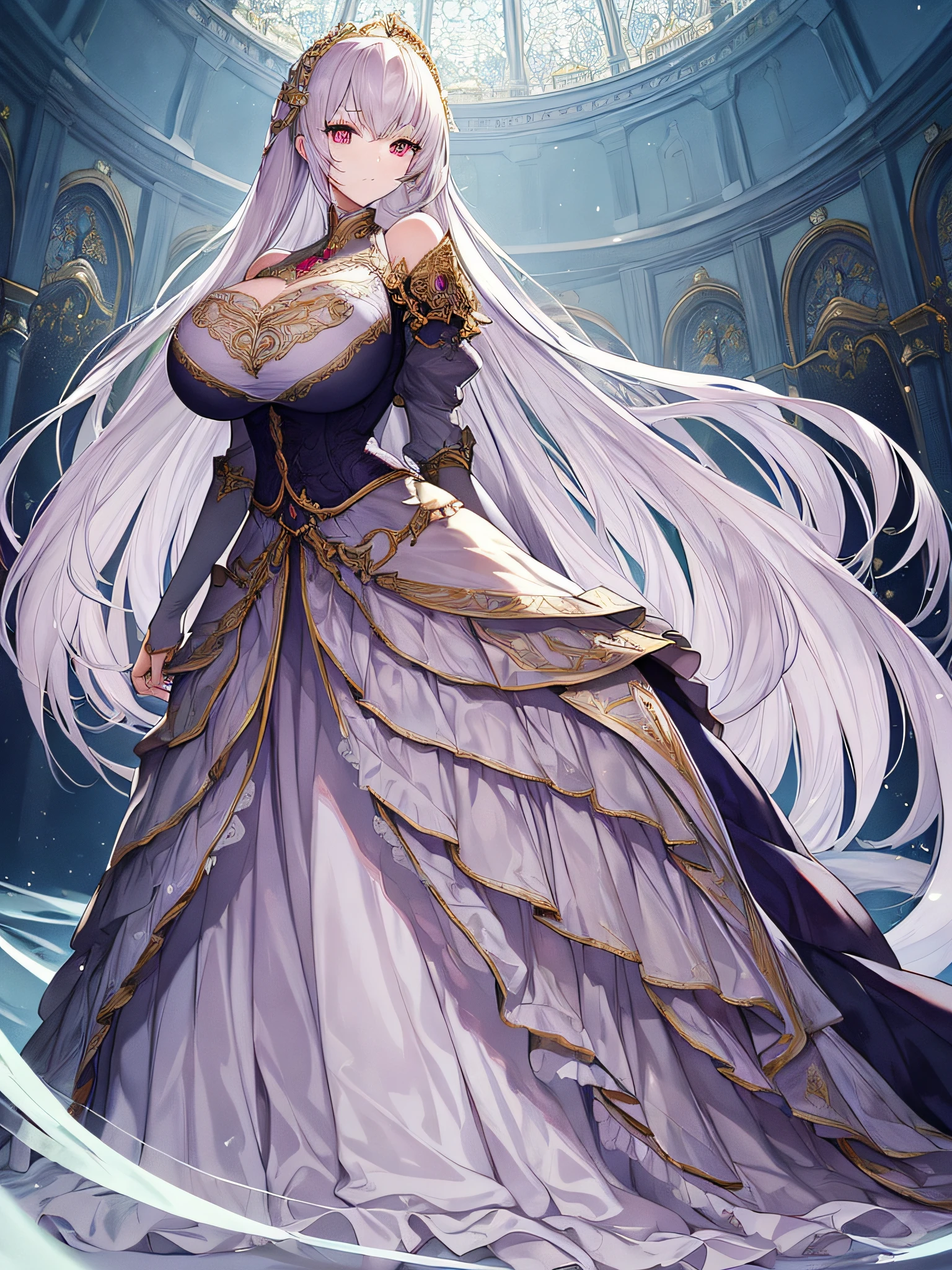 ((anime moe artstyle)),(((digital))),noble atmosphere,(Masterpiece), (Best Quality), (Super Detail),Illustration,(Very Delicate and Beautiful),Dynamic Angle,Looking at viewer,(((Solo))),((Full body)),(((1 gorgeous noble princess in ball gown with a voluminous skirt))),jewel-like eyes,(Very Long Hair),gorgeous embroidery and lace,See-through,ornate ruffles,(gigantic breasts,Long breasts),(gorgeous ball gown with a voluminous skirt),