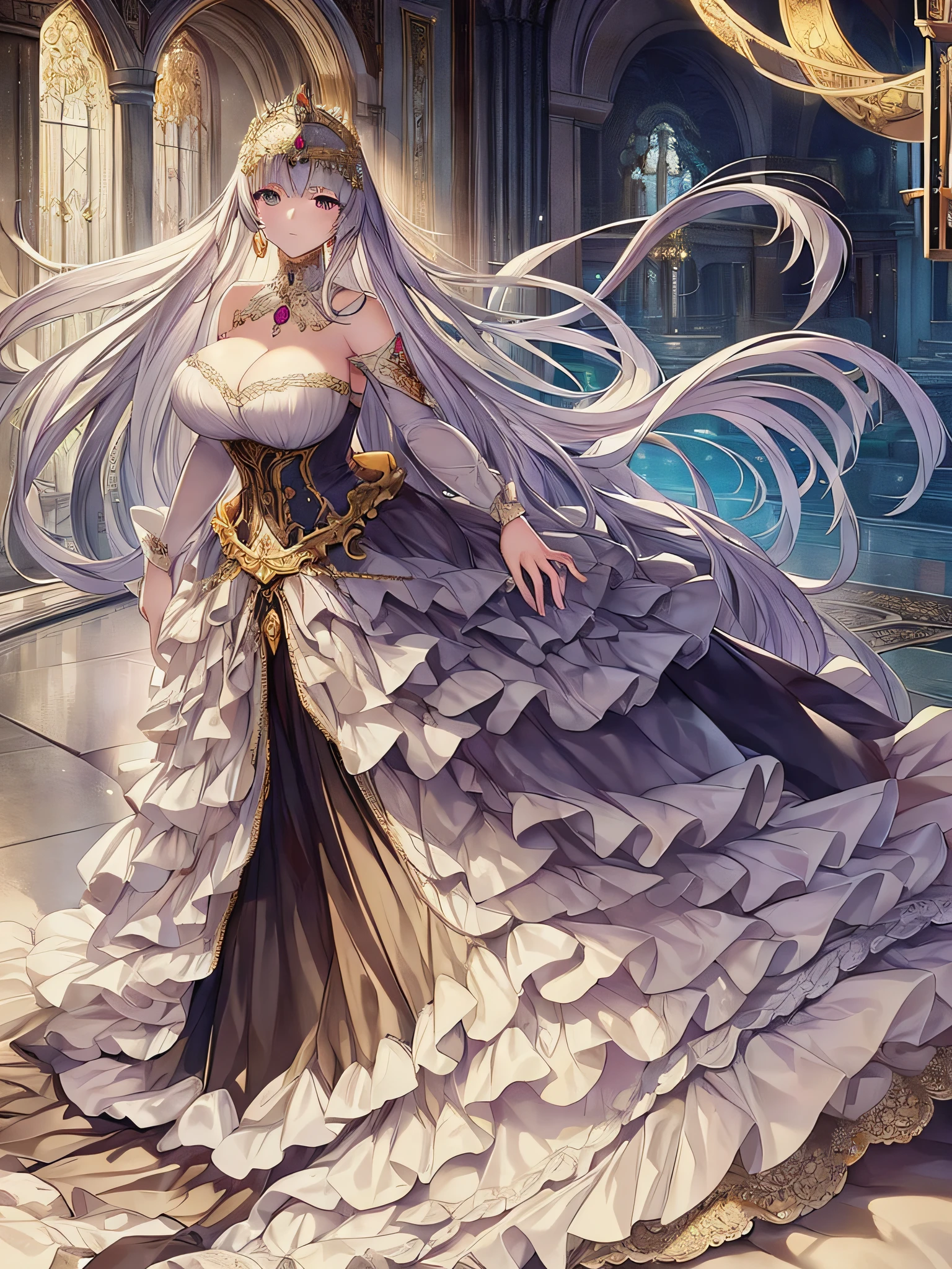 ((anime moe artstyle)),(((digital))),noble atmosphere,(Masterpiece), (Best Quality), (Super Detail),Illustration,(Very Delicate and Beautiful),Dynamic Angle,Looking at viewer,(((Solo))),((Full body)),(((1 gorgeous noble princess in ball gown with a voluminous skirt))),jewel-like eyes,(Very Long Hair),gorgeous embroidery and lace,See-through,ornate ruffles,(gigantic breasts,Long breasts),(gorgeous ball gown with a voluminous skirt),