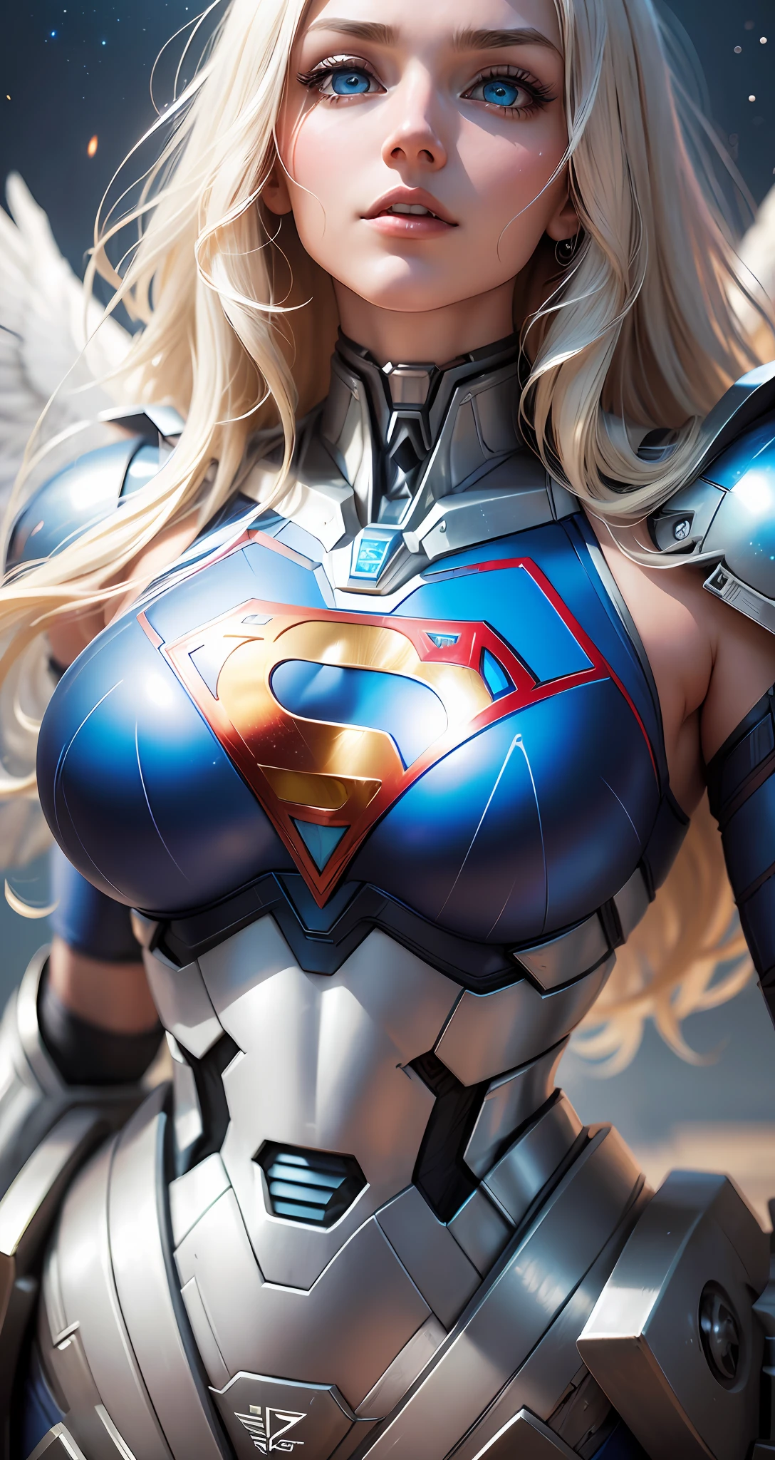 Beautiful Supergirl, 4K, High Resolution, Masterpiece, Best Quality, Clear Focus, (Movie Lighting), Clavicle, [:( Facial details: 1.2:0.2], (Mecha Woman, Invincible Mecha), Broken Armor Shock, Long White Hair, Robotic Arm, Ceramic Exoskeleton, (Bird-like Wings: 1.4, Mechanical Wings: 1.5, Eagle Wings: 1.4), Heavy Armor, Slightly convex chest, (Gorgeous Universe, Planet Background), Extreme Cosmic Storm Style, Translucent and Reflective Skin, The world's best image quality of ultra-8K, unlimited freedom to display the dynamic posture of the mecha,   exquisite facial features, surreal feel, (realism: 1.5). Blue eyes, long-haired blonde, wearing Superman's S on her chest. --auto --s2