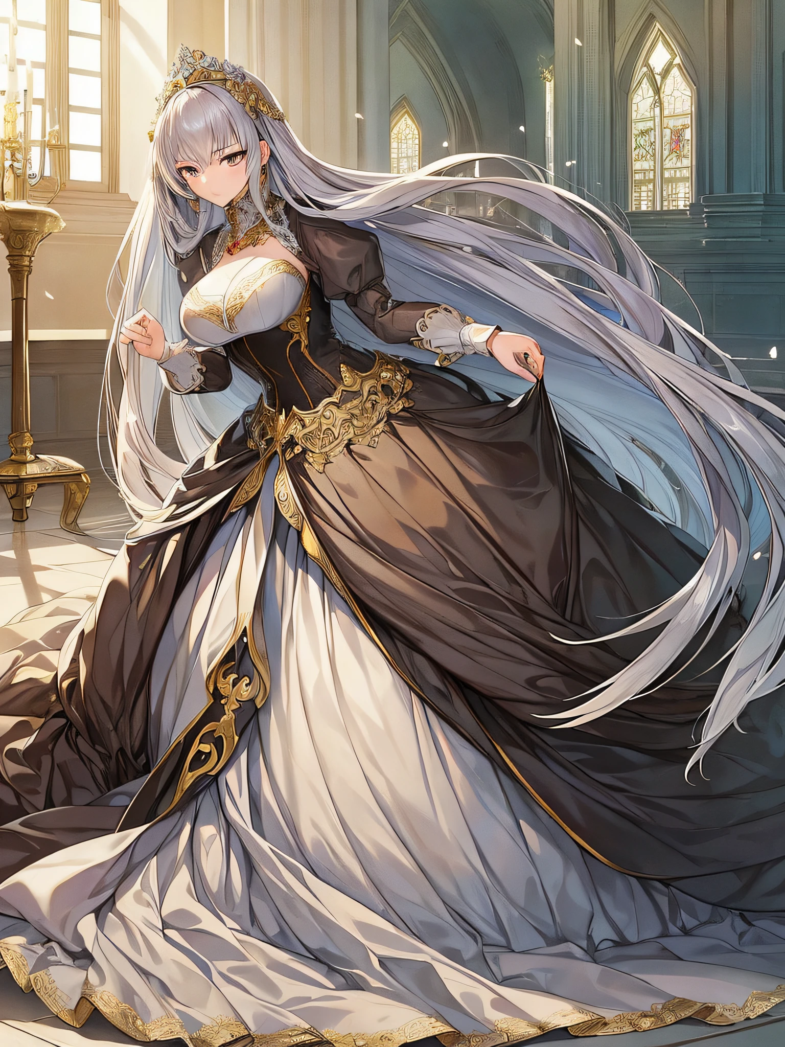 ((anime moe artstyle)),(((digital))),noble atmosphere,(Masterpiece), (Best Quality), (Super Detail),Illustration,(Very Delicate and Beautiful),Dynamic Angle,Looking at viewer,(((Solo))),((Full body)),(((1 gorgeous noble princess in ball gown with a voluminous skirt))),jewel-like eyes,(Very Long Hair),gorgeous embroidery and lace,See-through,ornate ruffles,(gigantic breasts,Long breasts),(gorgeous ball gown with a voluminous skirt),