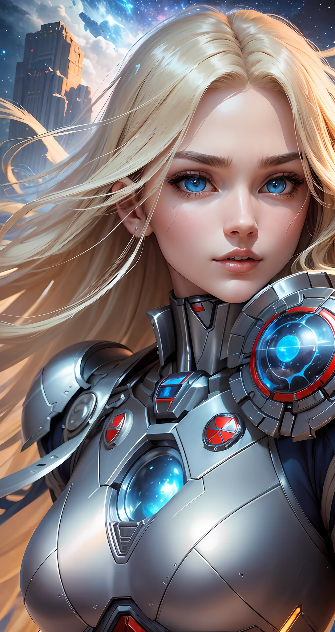 Beautiful Supergirl, 4K, High Resolution, Masterpiece, Best Quality, Clear Focus, (Movie Lighting), Clavicle, [:( Facial details: 1.2:0.2], (Mecha Woman, Invincible Mecha), Broken Armor Shock, Long White Hair, Robotic Arm, Ceramic Exoskeleton, (Bird-like Wings: 1.4, Mechanical Wings: 1.5, Eagle Wings: 1.4), Heavy Armor, Slightly convex chest, (Gorgeous Universe, Planet Background), Extreme Cosmic Storm Style, Translucent and Reflective Skin, The world's best image quality of ultra-8K, unlimited freedom to display the dynamic posture of the mecha,   exquisite facial features, surreal feel, (realism: 1.5). Blue eyes, long-haired blonde, wearing Superman's S on her chest. --auto --s2