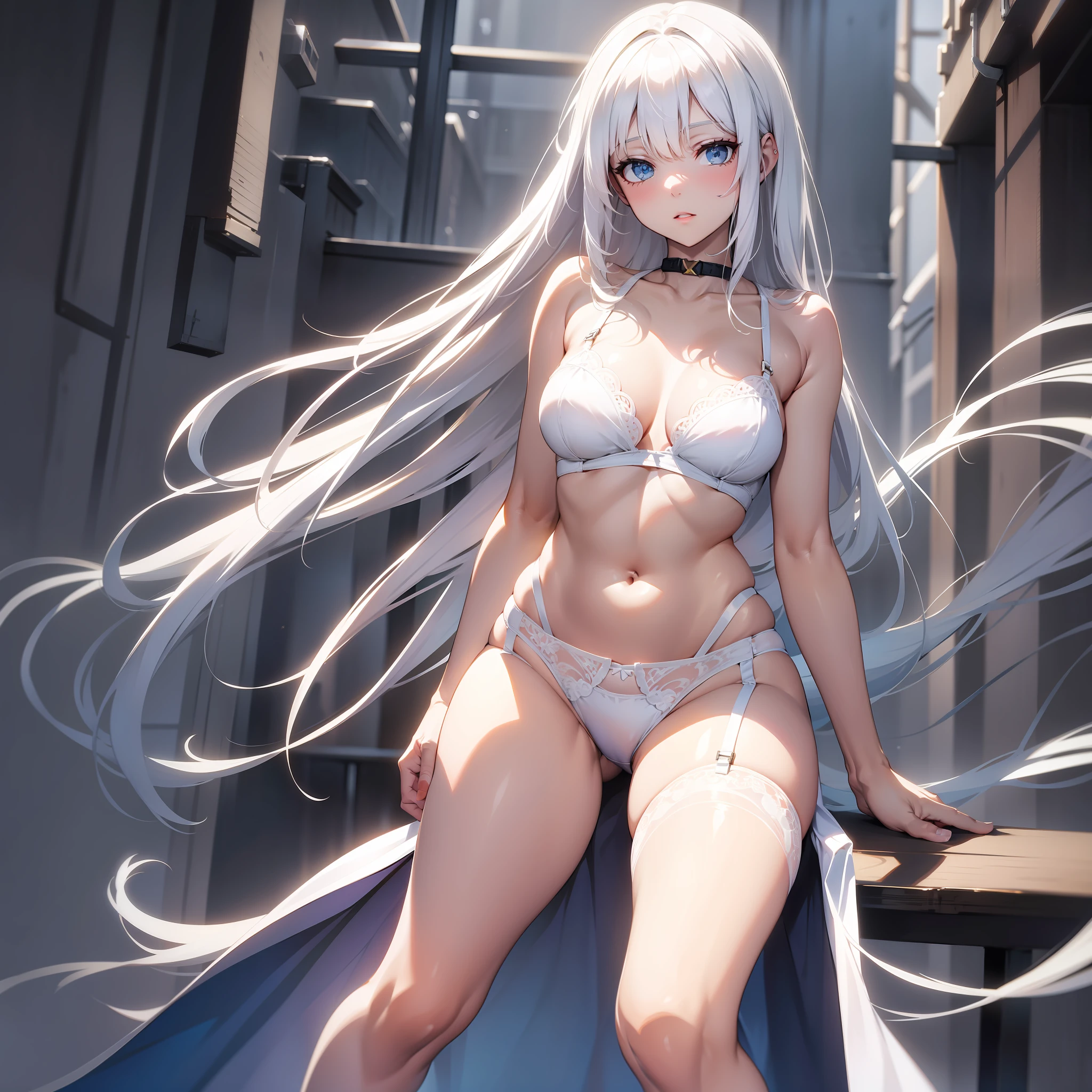 White-haired girl lingerie legs open