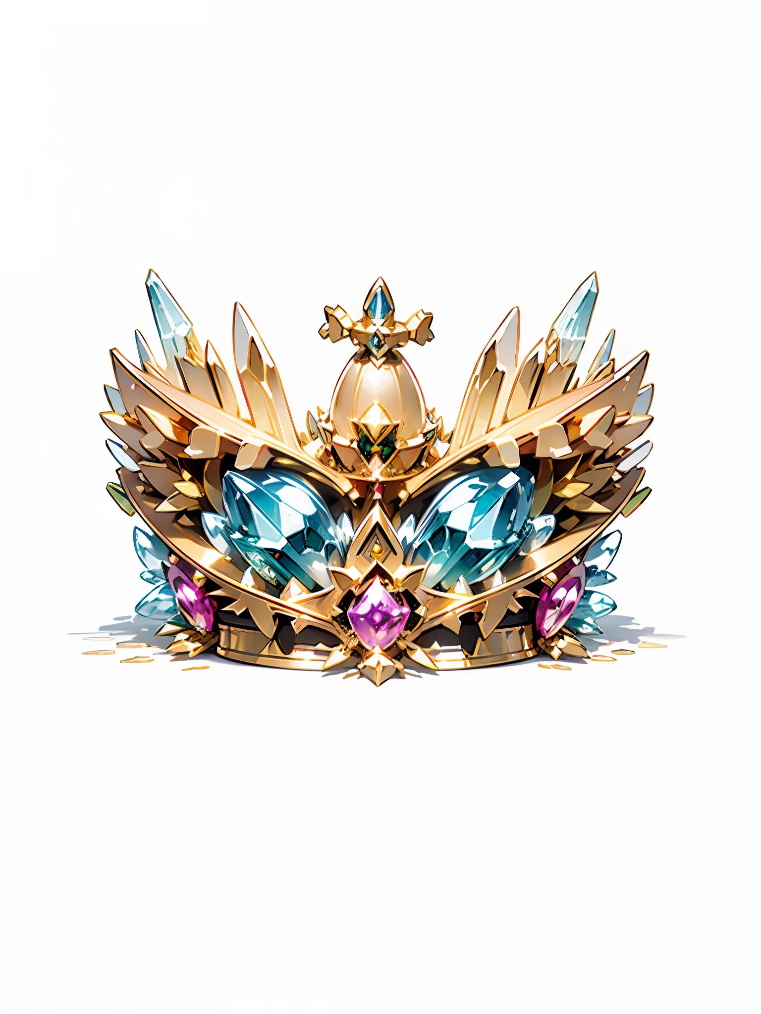 8k, (crown close-up), (((looking up))), a gold crown on white background, set with precious stones, diamond wings!! ,(((((Elf Crown)))),((((Game Crown)))),((Gold Crown)),((Left and Right Symmetrical Crown)),(((Streamlined Crown))),(((Slim Crown))), Gorgeous, Colorful, Intricate Metal Decoration, Ultra Realistic Fantasy Crown, White Laser Crown, Gold Flower Crown, Floating Crown, (Ray Tracing), ((Clean Background)), Crown, Crown, Giant Gold Crown, Gemstone Tiara, Metal Crown --auto --s2