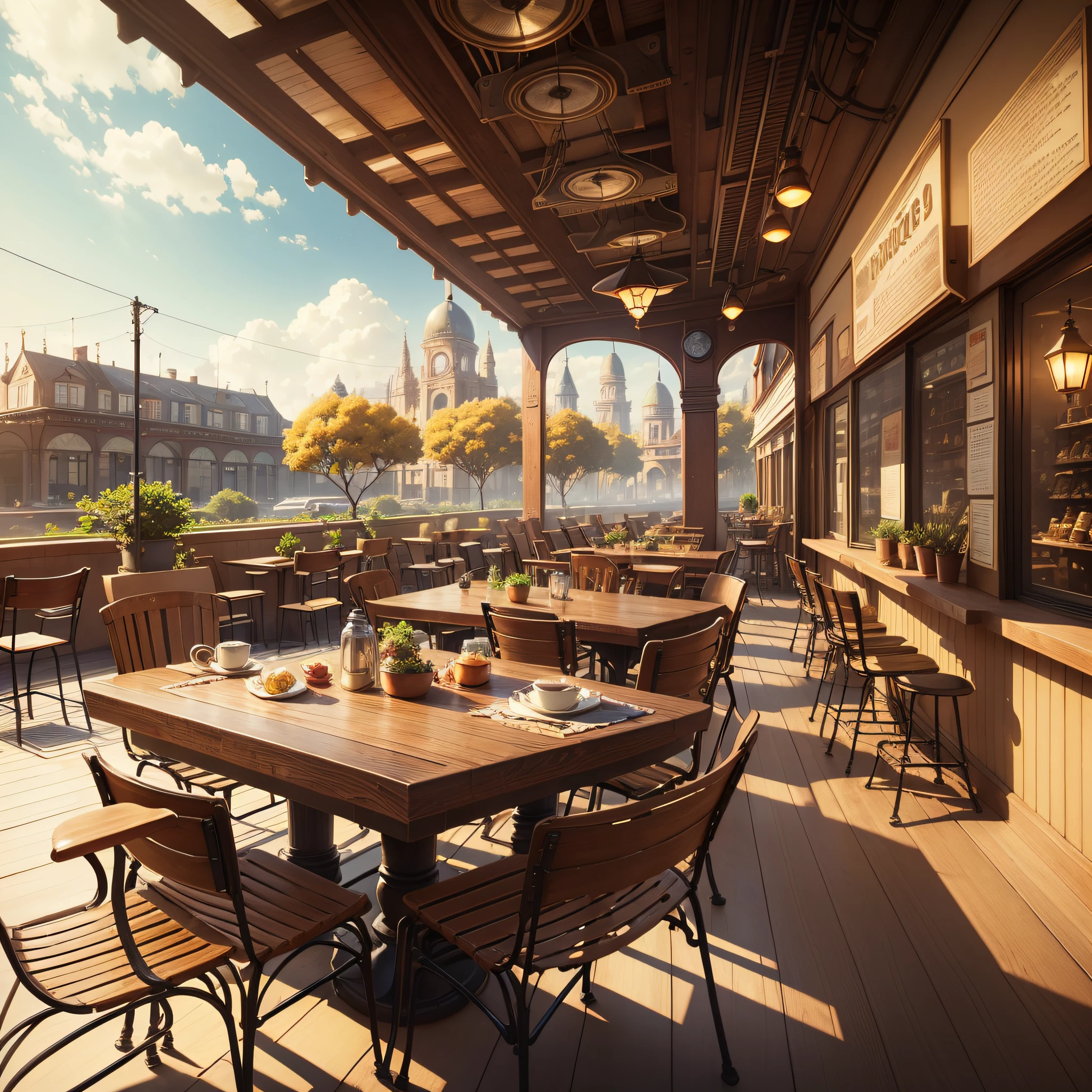 Cafe, afternoon, square sun, tranquility, dinner, dessert, hyper-detailed, nostalgic, hazy, steampunk --auto --s2