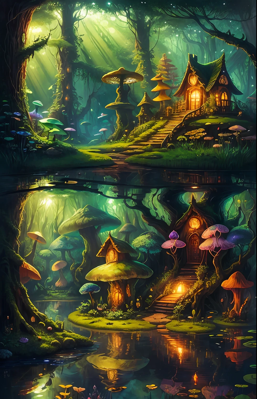 a colossal fungus that is a magnificent house in the enchanted forest, daylight, a calm pond, sunbeams, fantasy, best quality, surreal, hallucination, extremely intricate, realistic, detailed, Amanita... --auto --s2
