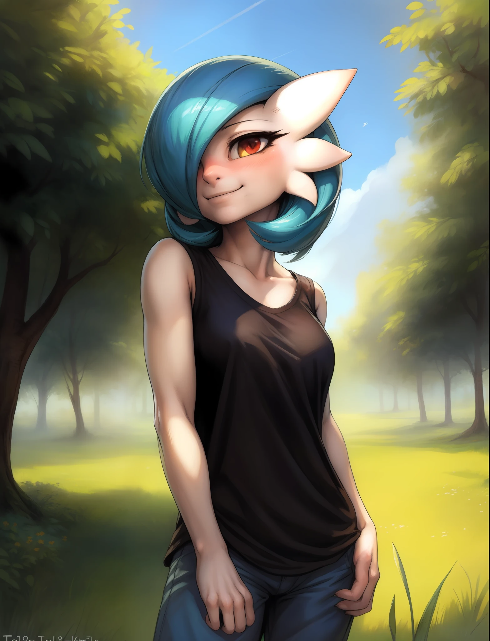 by kenket, by totesfleisch8, (by thebigslick), (by syuro:0.2), chee-riee, gardevoir, simple background, blue hair, colored skin, white skin, outdoors, grass, upper body, smile, blush, black shirt, standing, sky, day,