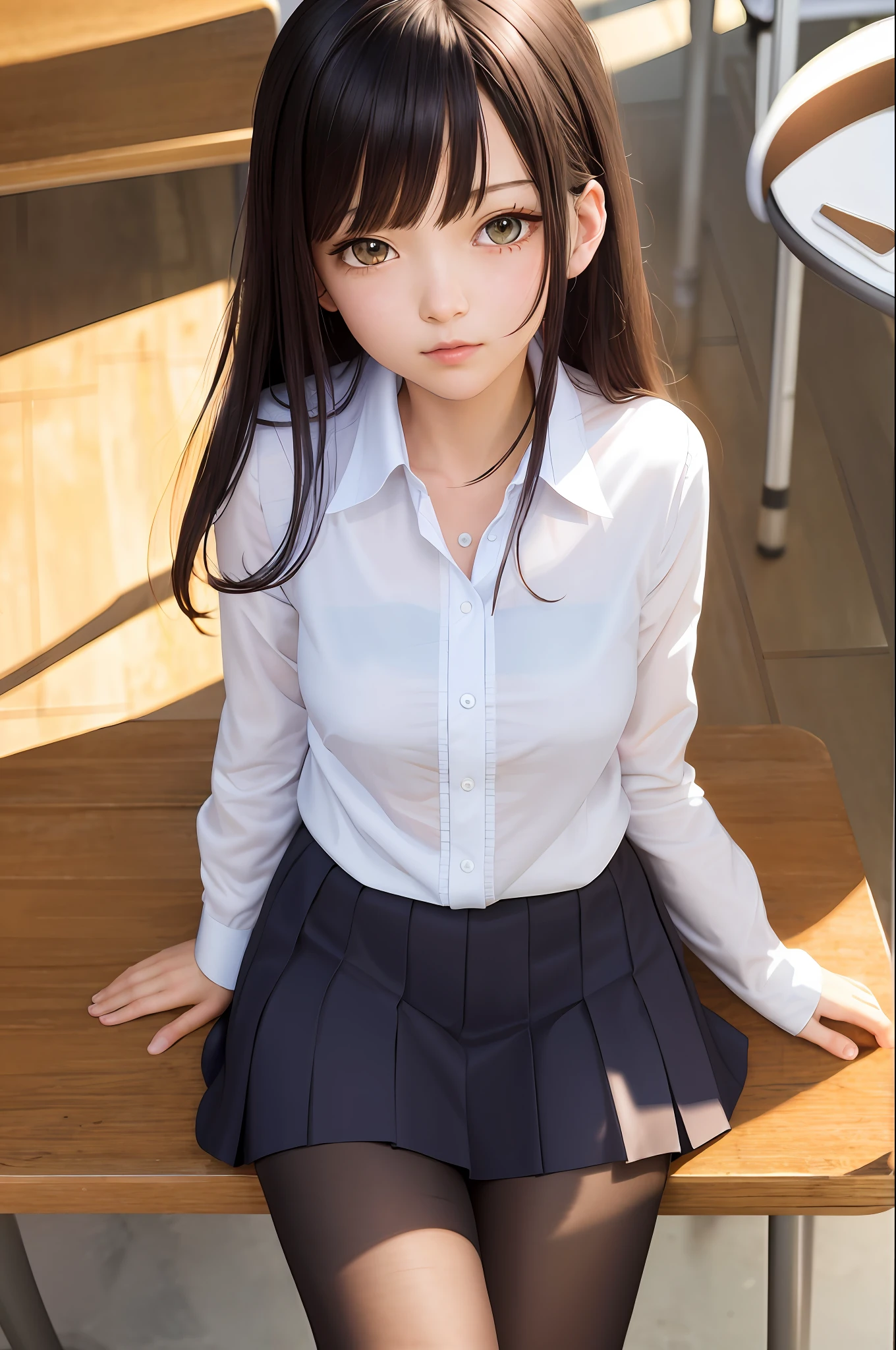masterpiece, best quality, ultra-detailed, illustration, colorful, falt color, depth of field, lens flare,

1girl, anime, sitting, black hair, looking at viewer,school, classroom, pleated miniskirt , school uniform, serafuku, black pantyhose, detailed skin texture, detailed cloth texture, beautiful detailed face,
