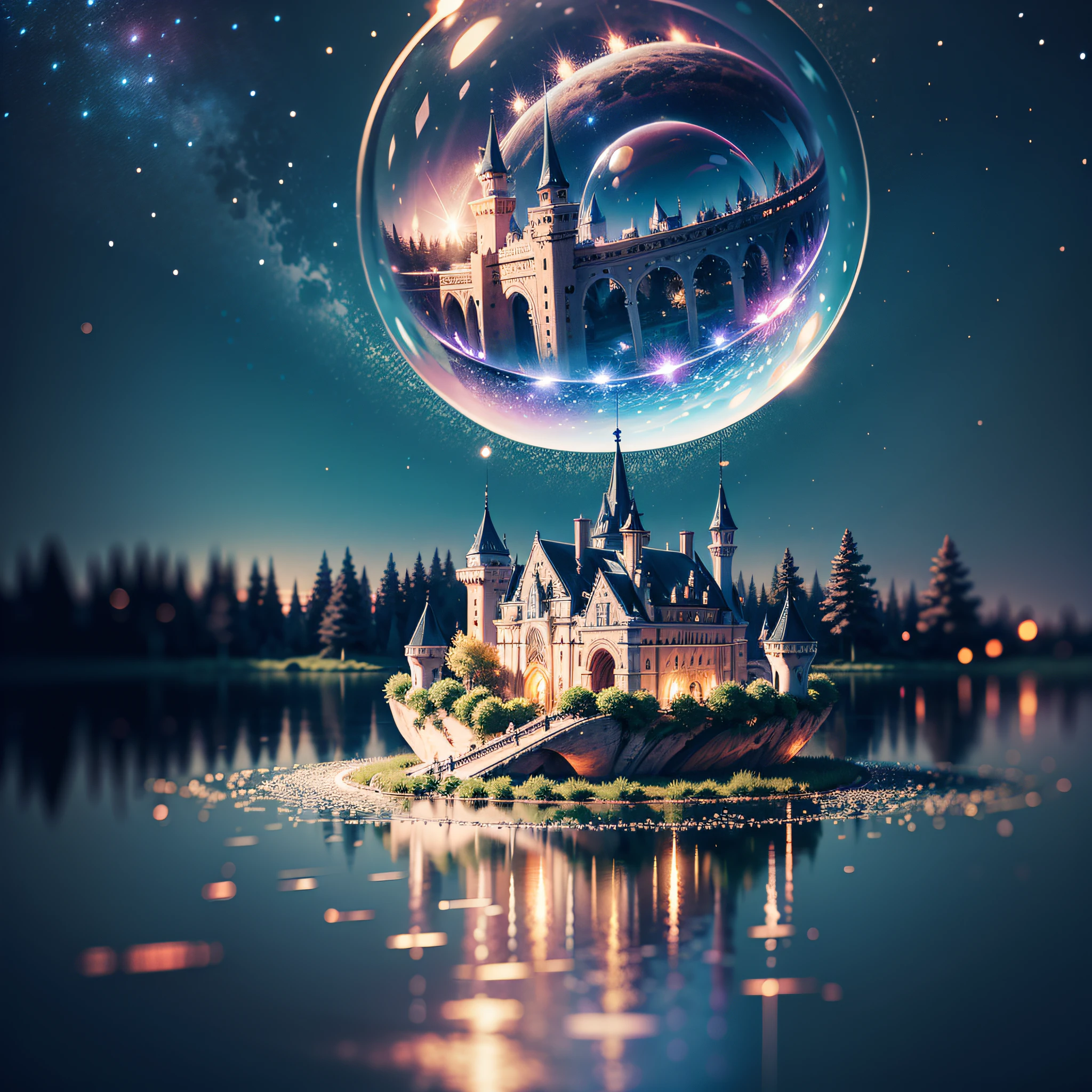 RAW, 8K, ultraHD, masterpiece, best quality, fantasy, dreamlike, aesthetic, depth of field, symmetry, shimmering lights, dark, night, meteor shower, big bubble:1.3 AND an castle in the bubble:1.3, bubble floating high above a lake, (1girl), sitting on the lake, looking at the bubble, ripples, --auto --s2