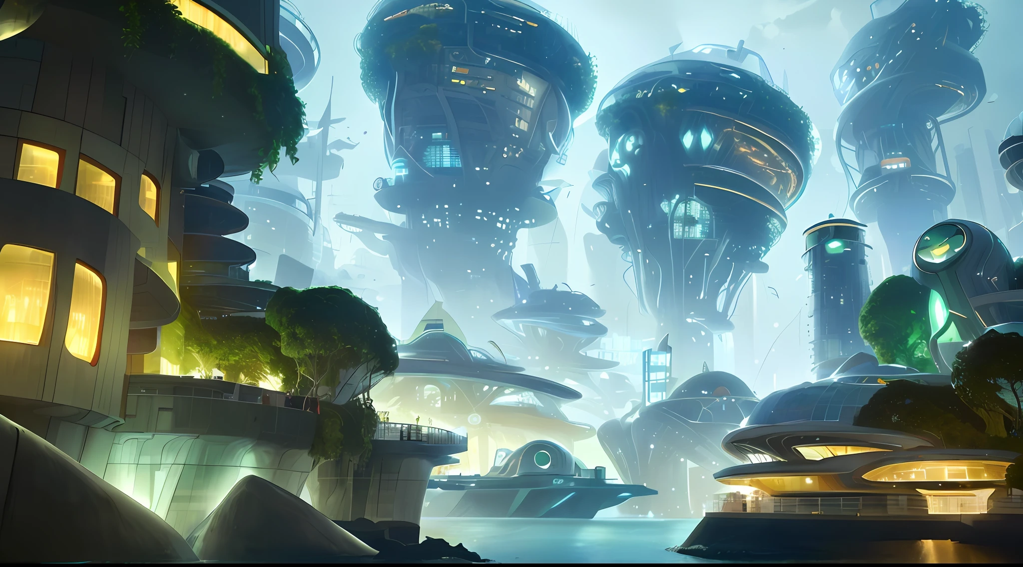 Painting keywords: sea, futuristic technology, city, paradise, white, greenery, rich settlement, utopia, futurism, night
Scene description: This giant futuristic technology city built on the sea looks even more beautiful at night. The whole city is white, decorated with greenery and flowers, exuding a mysterious and charming atmosphere. The city's wealthy residential areas are full of luxury and luxury. This utopian city has a futuristic exterior, full of technology and modernity. At night, the lights of the city illuminate the whole city, making it appear even more beautiful and gorgeous. People live a rich and comfortable life here, as if they are in a perfect world