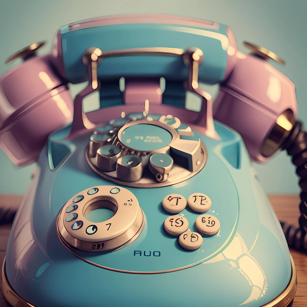antique baby blue phone from the 1950s on a pink background, retro futurism