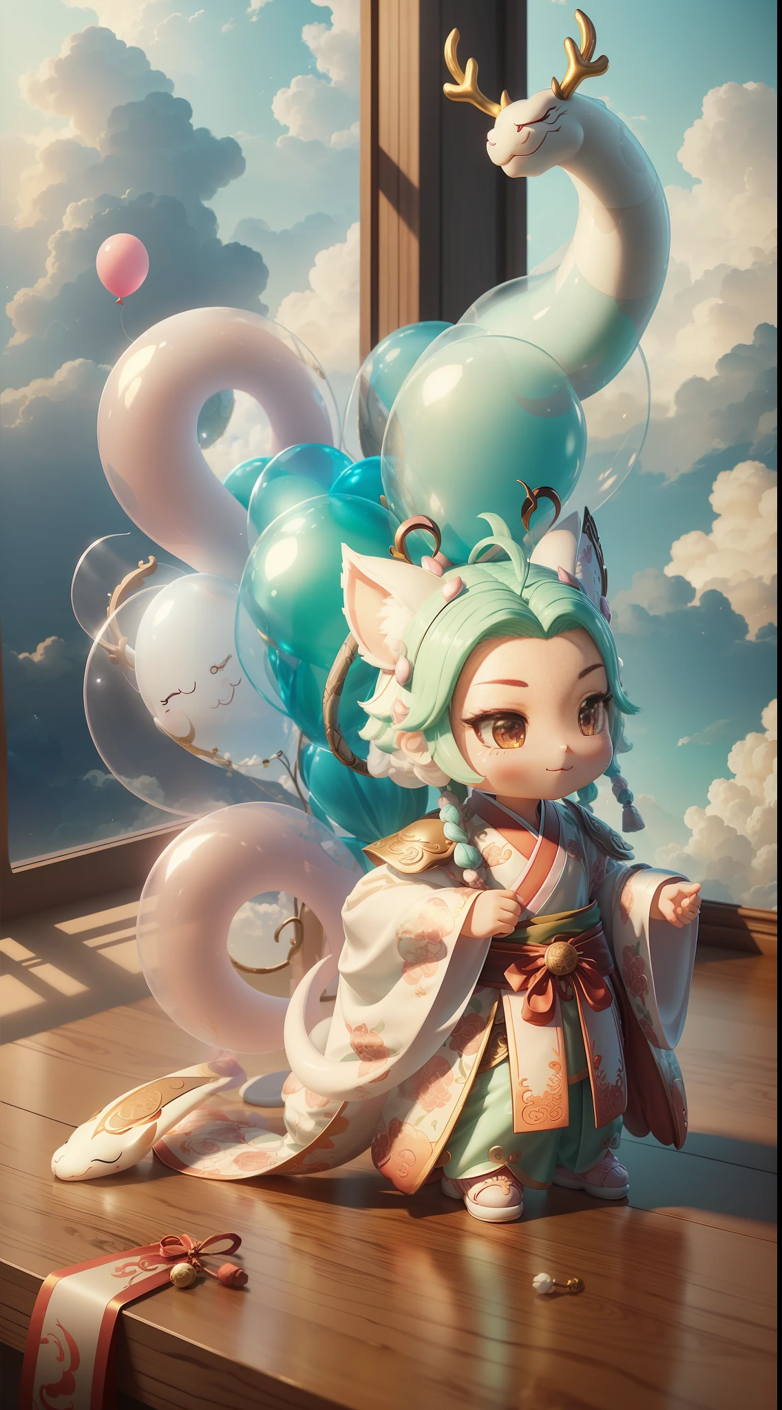Snake, big ears, happy smile, (wearing Hanfu) dragon head, antlers, soft ((best quality)), ((masterpiece)), (hair accessories)( extreme detail, highest detail, official art, beauty and aesthetics:1.2), shallow view, composition ( (full body) ), (chibi), (beautiful and detailed eyes: 1.3), (very happy:1) (light mint green and gradient white), popmart blind box, clay texture, (transparent balloon, cloud decorative background), natural light, best quality, Super Detail, 3D Art, C4D, Blender, OC Renderer, 3D Rendering, 8K --auto --s2