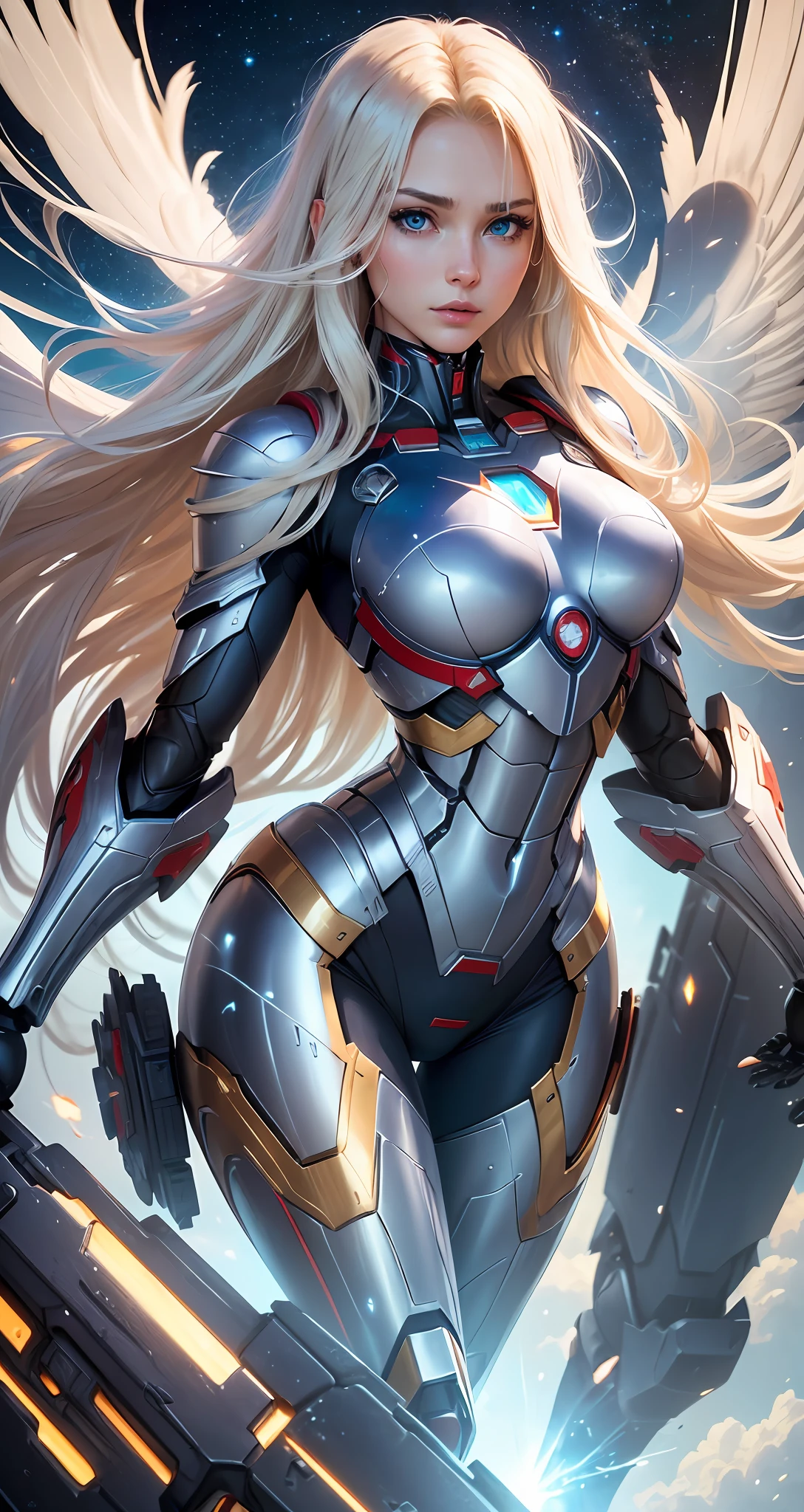 Beautiful Supergirl, 4K, High Resolution, Masterpiece, Best Quality, Clear Focus, (Movie Lighting), Clavicle, [:( Facial details: 1.2:0.2], (Mecha Woman, Invincible Mecha), Broken Armor Shock, Long White Hair, Robotic Arm, Ceramic Exoskeleton, (Bird-like Wings: 1.4, Mechanical Wings: 1.5, Eagle Wings: 1.4), Heavy Armor, Slightly convex chest, (Gorgeous Universe, Planet Background), Extreme Cosmic Storm Style, Translucent and Reflective Skin, The world's best image quality of ultra-8K, unlimited freedom to display the dynamic posture of the mecha,   exquisite facial features, surreal feel, (realism: 1.5). Blue eyes, long-haired blonde, wearing Superman's S on her chest. --auto --s2