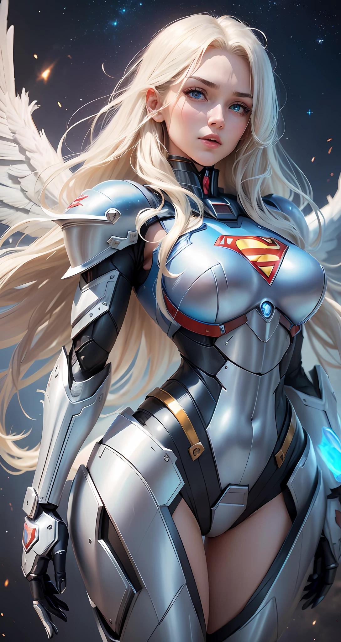 Beautiful Supergirl, 4K, High Resolution, Masterpiece, Best Quality, Clear Focus, (Movie Lighting), Clavicle, [:( Facial details: 1.2:0.2], (Mecha Woman, Invincible Mecha), Broken Armor Shock, Long White Hair, Robotic Arm, Ceramic Exoskeleton, (Bird-like Wings: 1.4, Mechanical Wings: 1.5, Eagle Wings: 1.4), Heavy Armor, Slightly convex chest, (Gorgeous Universe, Planet Background), Extreme Cosmic Storm Style, Translucent and Reflective Skin, The world's best image quality of ultra-8K, unlimited freedom to display the dynamic posture of the mecha,   exquisite facial features, surreal feel, (realism: 1.5). Blue eyes, long-haired blonde, wearing Superman's S on her chest. --auto --s2
