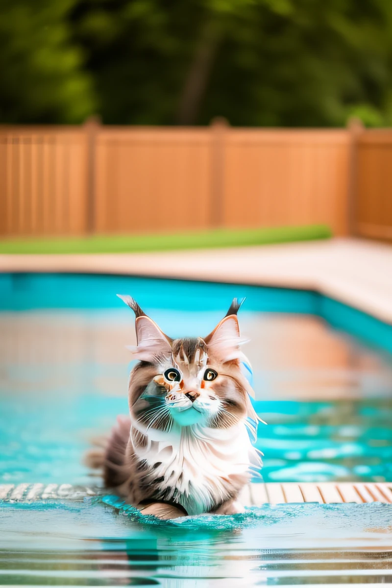 Hyper Quality,Cute Maine Coon cat kitten,swimming in the pool,barking,narrow eyes,smile,eos r3 28mm