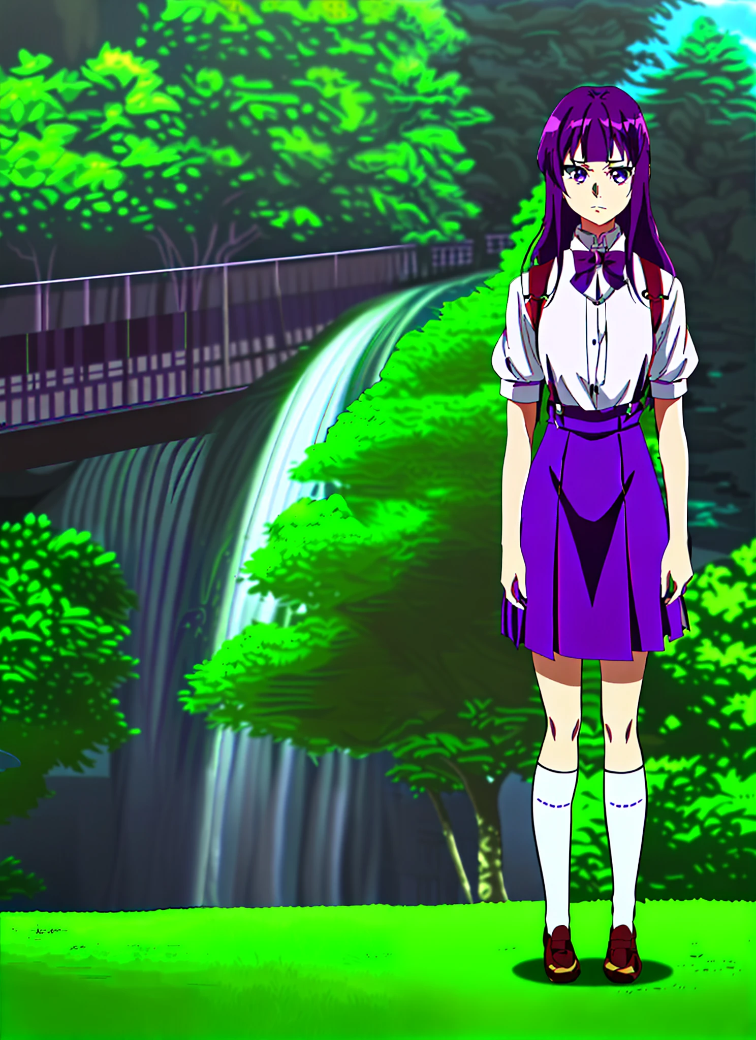furude_rika purple_hair hime_cut long_hair looking_at_viewer purple_eyes higurashi_no_naku_koro_ni school_uniform short_sleeves suspender_skirt white_shirt white_socks collared_shirt blunt_bangs red_bowtie