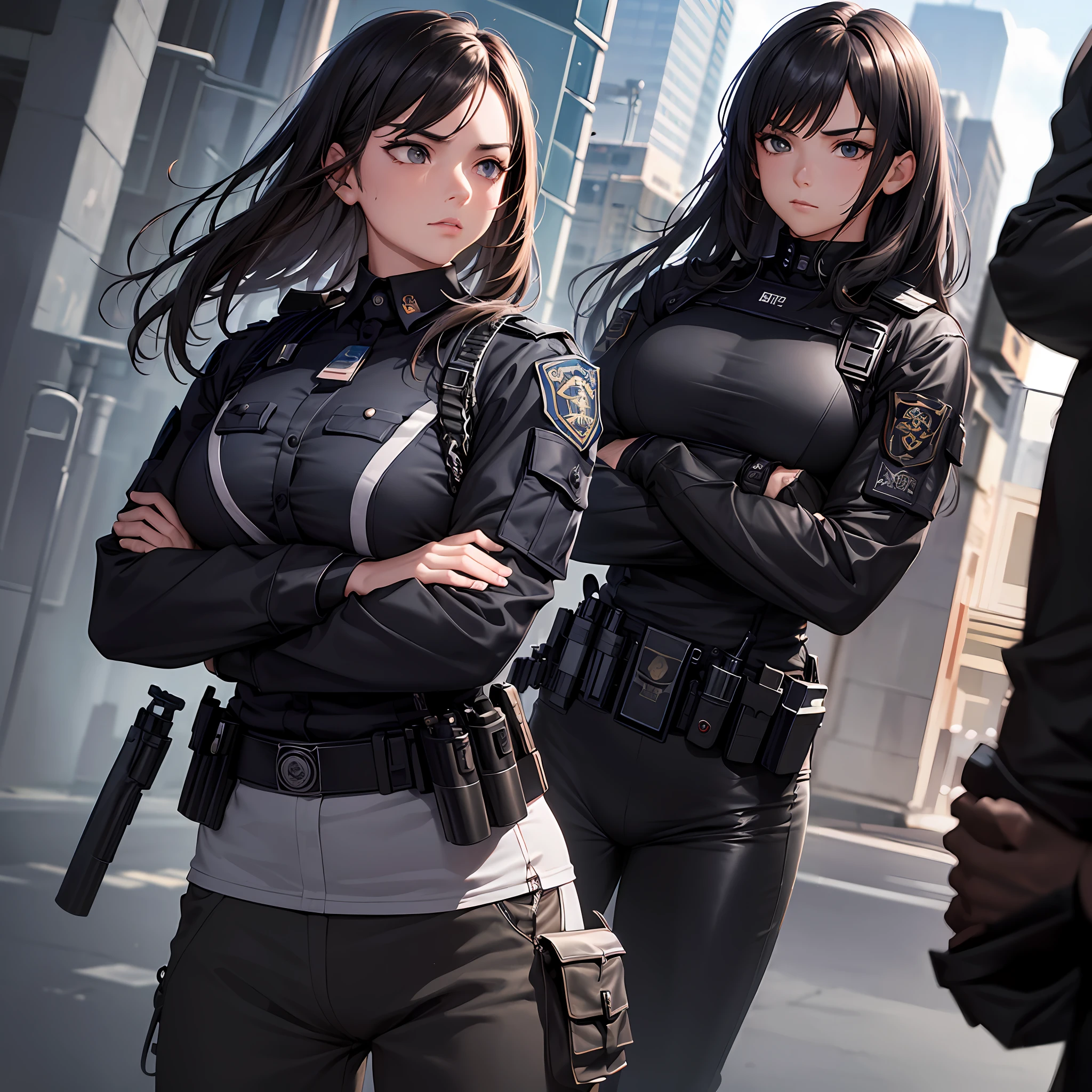 best quality, masterpiece, super high resolution, detailed background, realistic, illustration, single, 1 girl, woman muscle, SWAT, street, muscle, facial hair, volumetric lighting, depth of field, panting for air, raised crotch, black clothes, (((black police uniform)) shirt, (arms crossed over chest, front, front