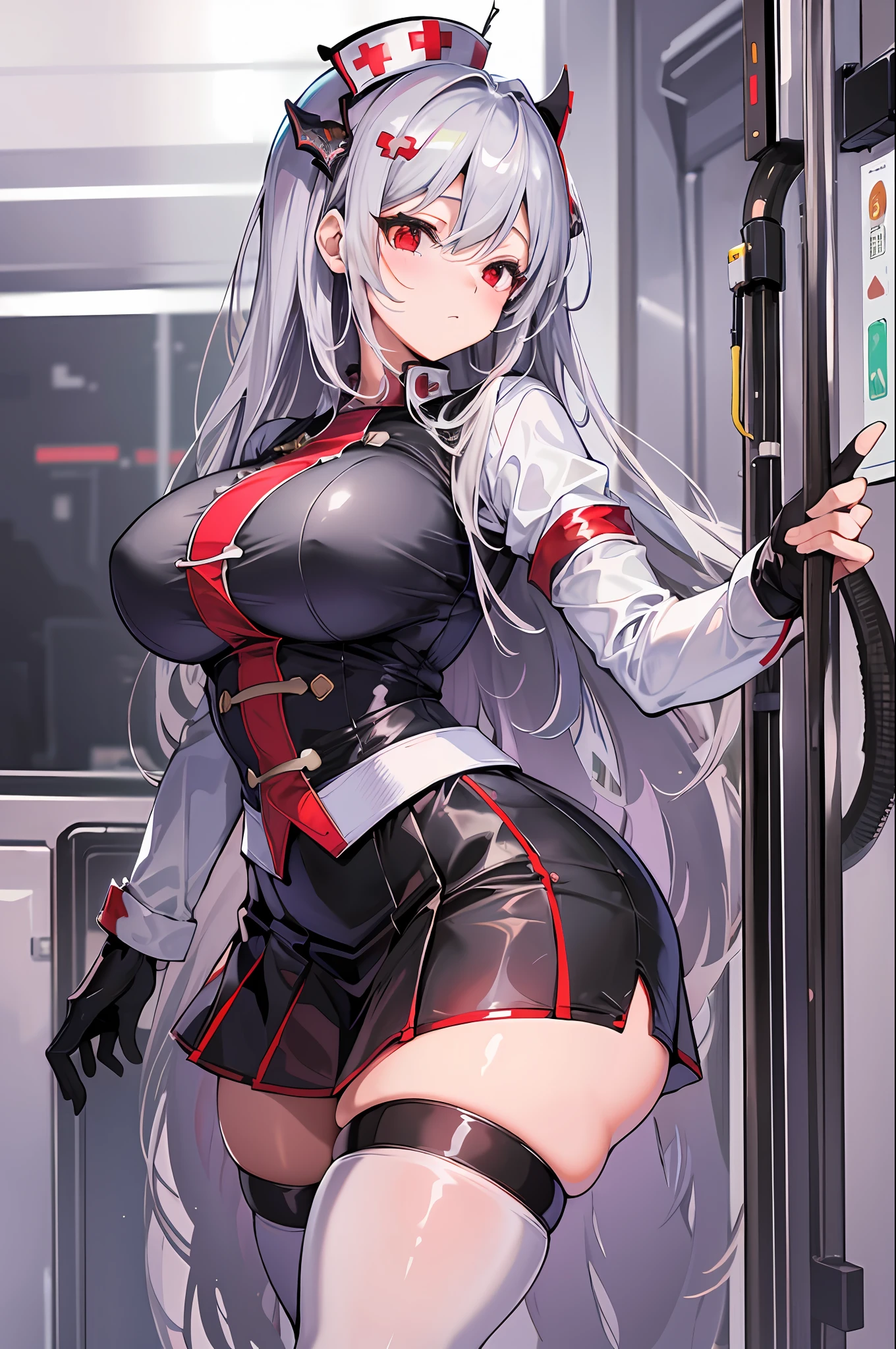 masterpiece, best quality, high_resolution, fine details, very detailed and beautiful, distinct_image, 1 girl, solo, silver hair, red eyes, dragon horns, (huge breasts), (),hospital,curvy, ,(nurse costume),thighhigh,(skirt),