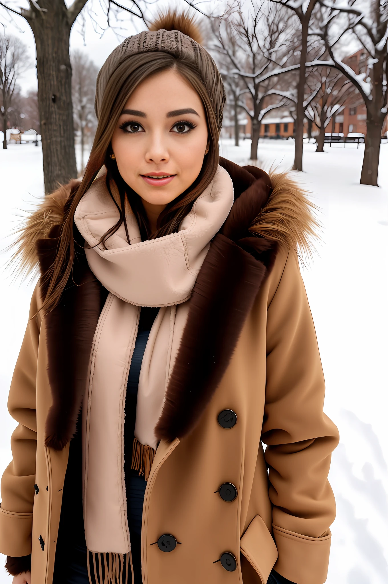 1 woman, bare_tree, brown_eyes, brown_hair, building, coat, cross_earrings, earrings, fur, fur trimmed_coat, fur_collar, fur_scarf, fur_trim, jewelry, lips, shorthair, looking_at_viewer, outdoor, snow, snow, solo, tree, upper_body, winter, winter_clothes, detailed_eyes, medium breasts, close arms, camera facing chest, out of ears, golden ratio face, golden ratio body, Top quality, ultra-high definition