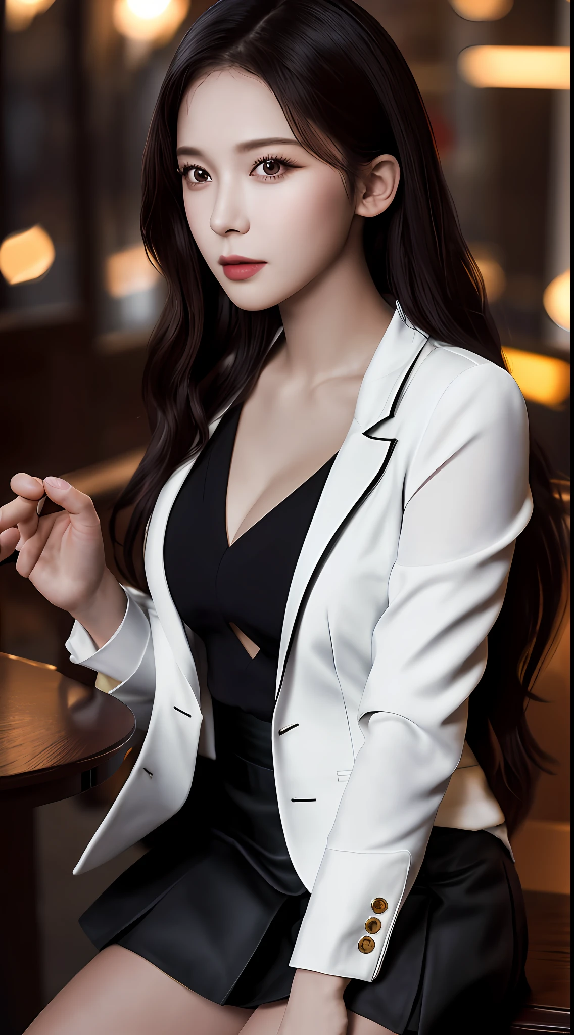 best quality, masterpiece, 1girl, Beautiful face, (photo realistic:1.3), rim lighting, (high detailed skin:1.2), 8k uhd, dslr, high quality, high resolution, 4k, 8k, Bokeh, absurdres, best ratio four finger and one thumb, (realistic:1.3), cute 1girl, wearing black formal blazer, medium breasts, short skirt,