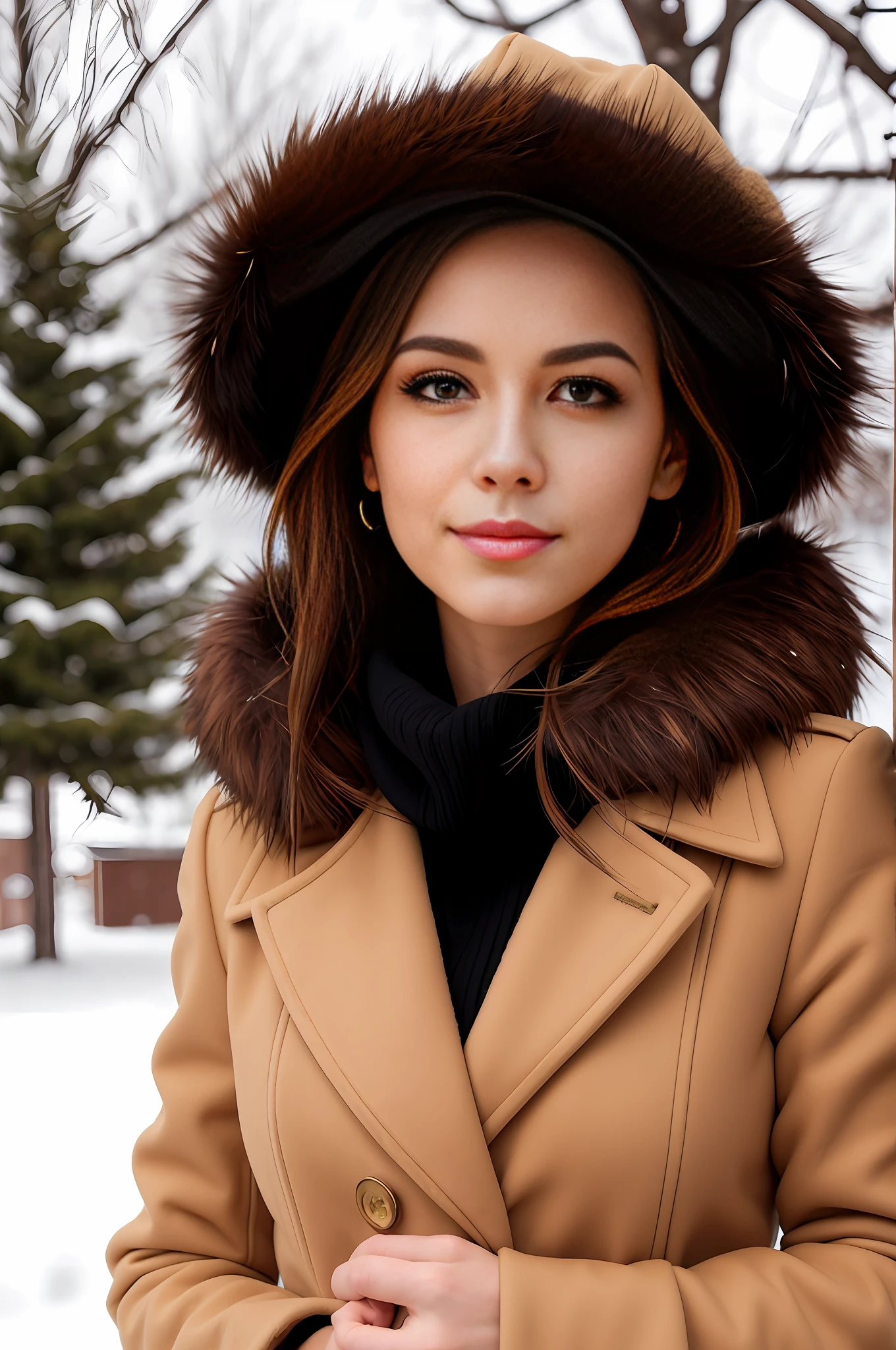 1 woman, bare_tree, brown_eyes, brown_hair, building, coat, cross_earrings, earrings, fur, fur trimmed_coat, fur_collar, fur_scarf, fur_trim, jewelry, lips, shorthair, looking_at_viewer, outdoor, snow, snow, solo, tree, upper_body, winter, winter_clothes, detailed_eyes, medium breasts, close arms, camera facing chest, out of ears, golden ratio face, golden ratio body,   Top quality, ultra-high definition