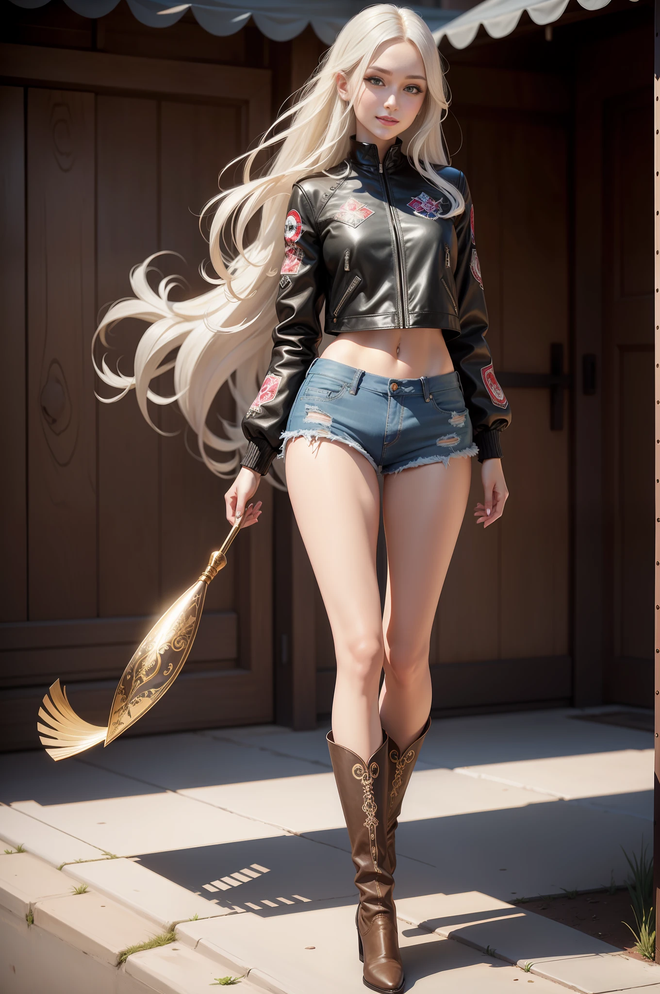 saika1, white pointed embroidered cowboy boots, black cropped leather jacket, denim shorts, full body, masterpiece, best quality, realistic, realistic, super detailed, photo, realistic, best quality, beautiful sexy woman, long hair, smile, melon seed face, perfect body ratio, tall figure, long legs, golden ratio body, beautiful appearance, beautiful big eyes, 9 head body, eye shadow.