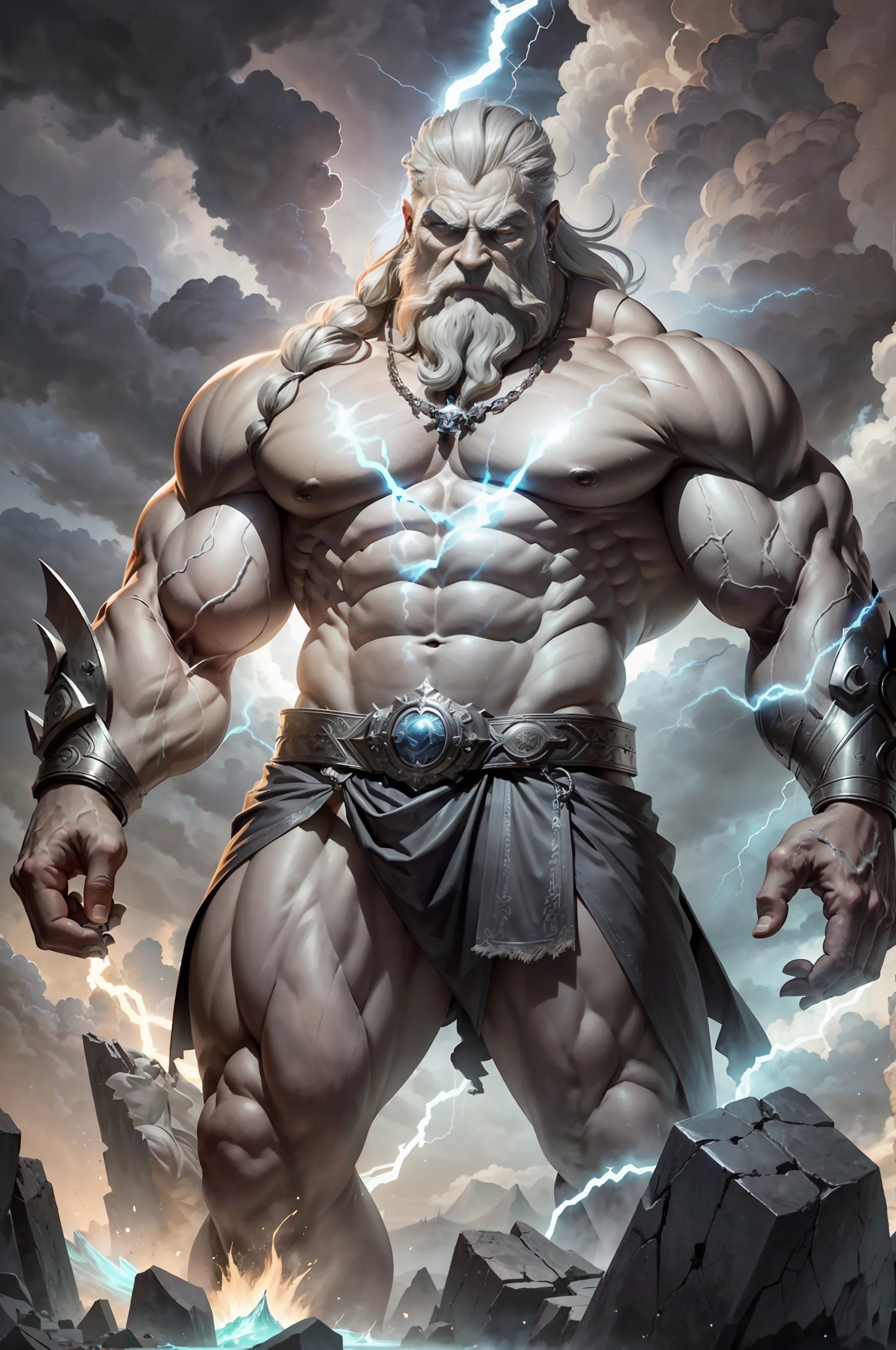 (1man) muscular old man (zeus) standing and raise his hand with lighting around him, (lighning, grey cloud, myth), .a big muscular Zeus (old man), the old god with lightning emanating from his outstretched hand, stands amidst a grey cloud of mythic proportions."