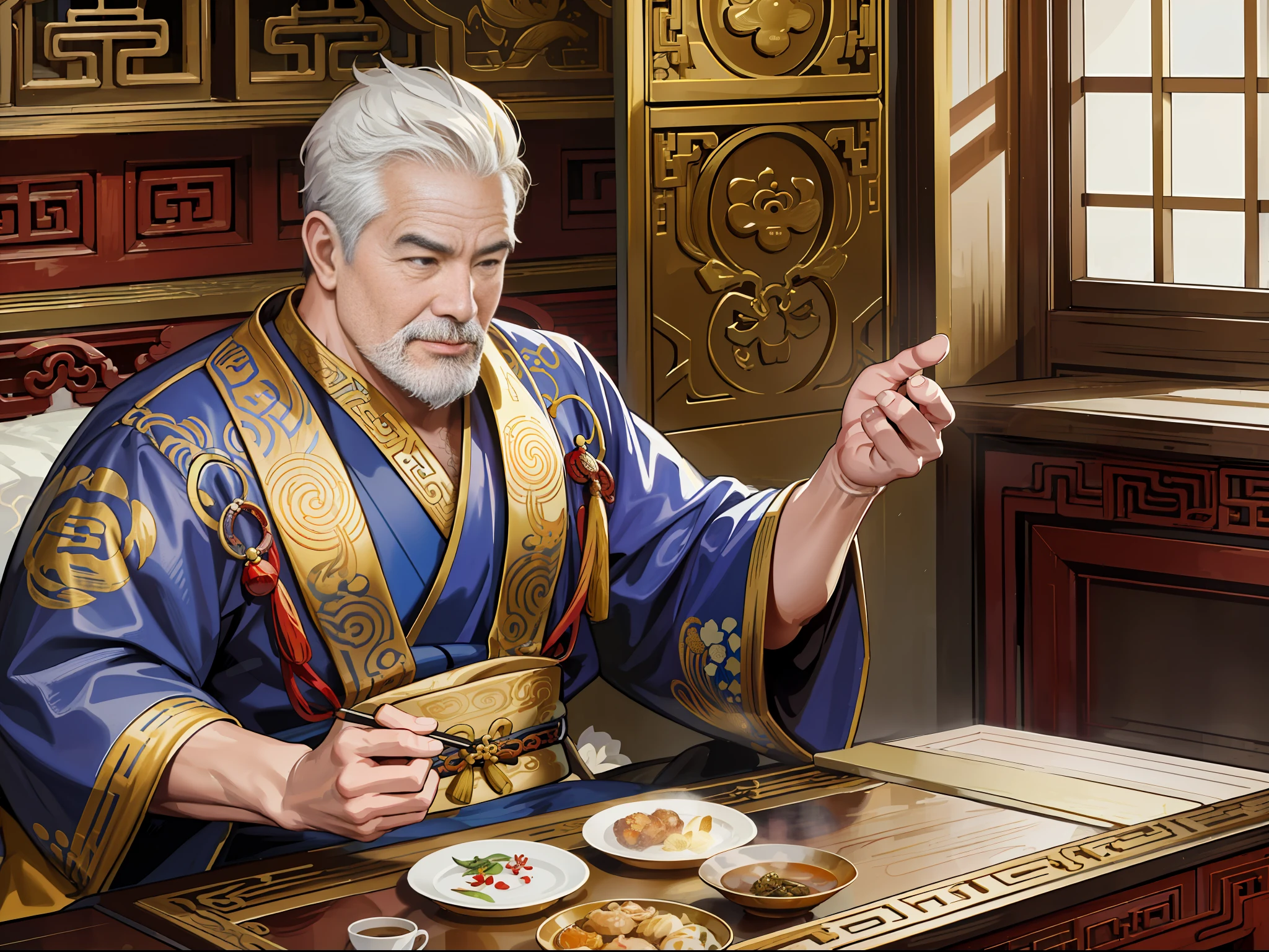 (absurd, high resolution, super detailed, realistic,), 1 middle-aged fat man, 50 years old, holding delicate box, Qing dynasty style, gold theme robe, greasy, rich, rich, room, ancient Chinese style, HD photo.