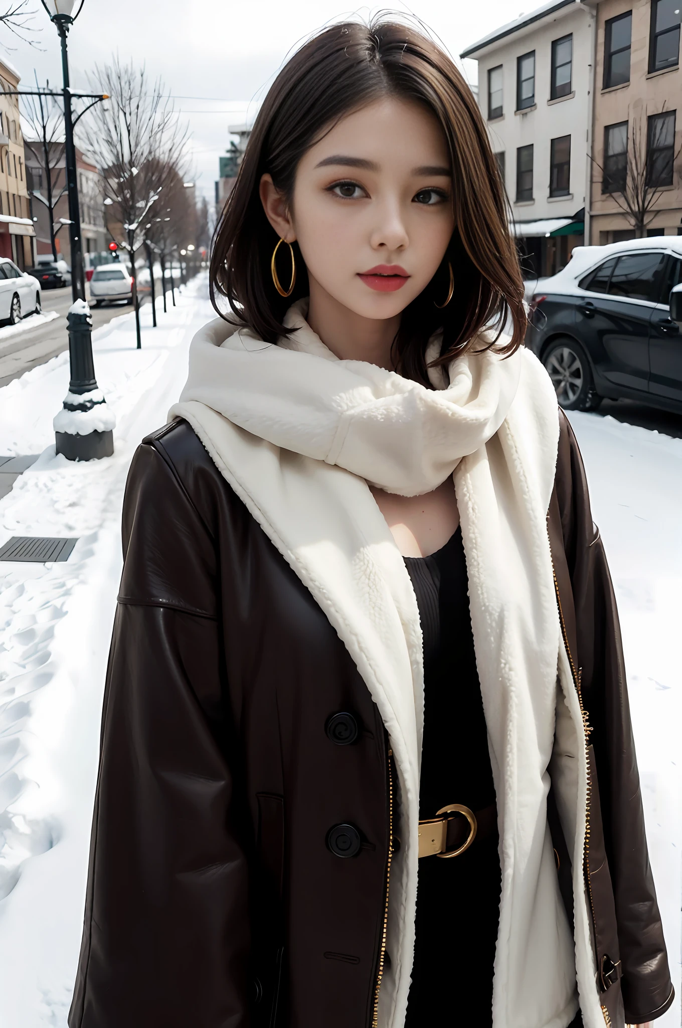 1 woman, bare_tree, brown_eyes, brown_hair, building, coat, cross_earrings, earrings, fur, fur trimmed_coat, fur_collar, fur_scarf, fur_trim, jewelry, lips, shorthair, looking_at_viewer, outdoor, snow, snow, solo, tree, upper_body, winter, winter_clothes, detailed_eyes, medium breasts, close arms, camera facing chest, out of ears, golden ratio face, golden ratio body, Top quality, ultra-high definition
