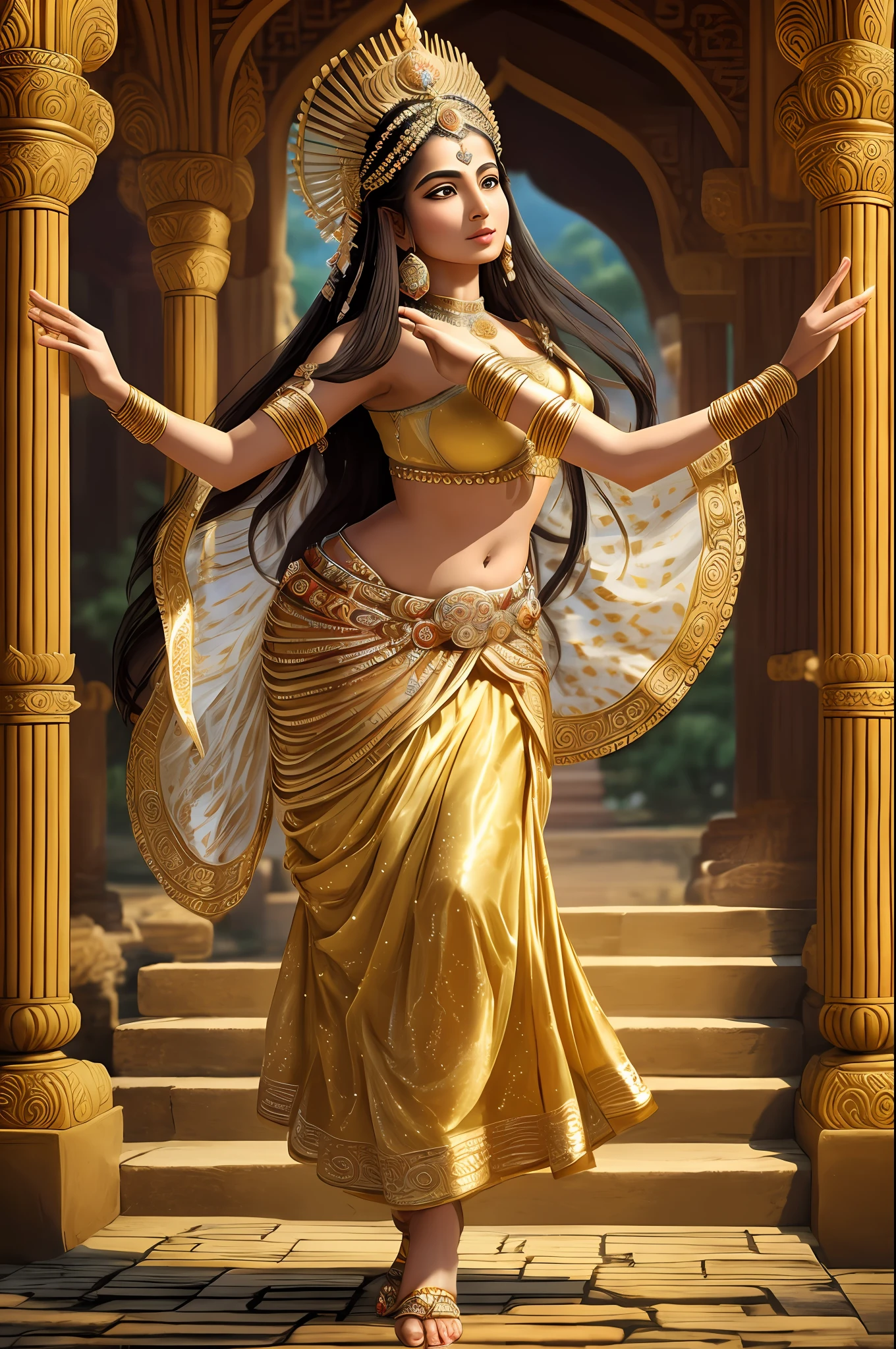 A woman in a gold dress is dancing in a temple - SeaArt AI